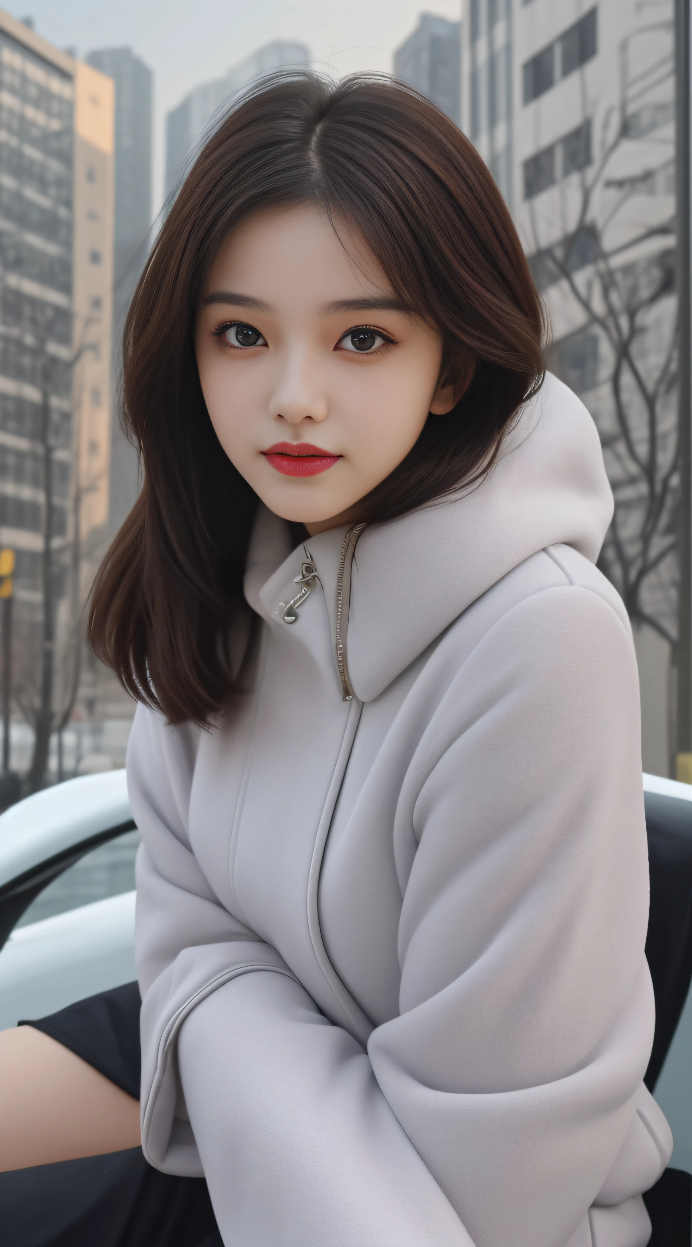 Focus:1.2, perfect figure beautiful woman:1.4,，Best face quality, Ultra-high facial detail，Ultra-high pupil detail，slimfigure，Smaller bust，at winter season，围巾，outside，Sit Pose，Hair is slightly curled，