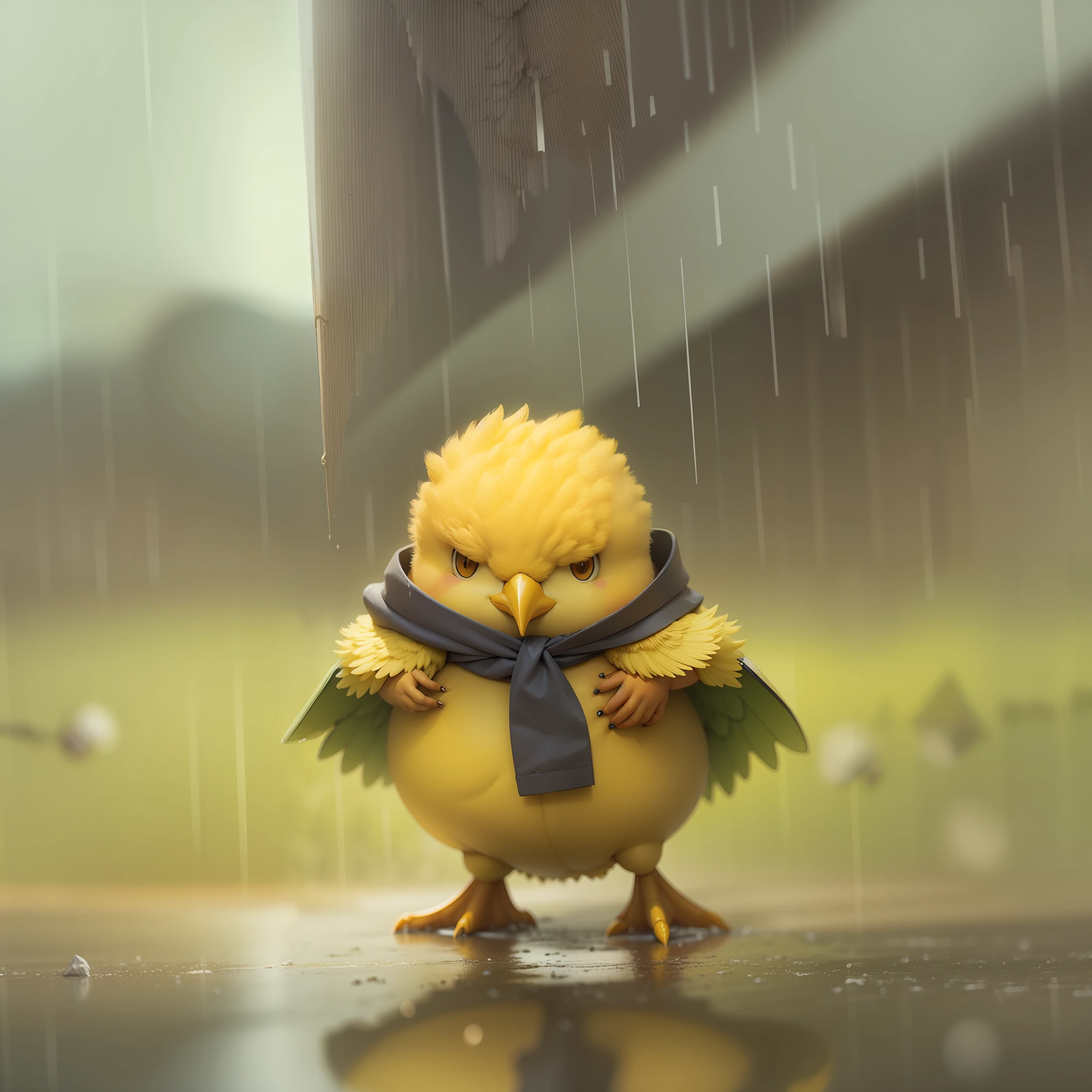 A large yellow anthropomorphic chick with its wings pulling its pockets out, no fundo uma chuva de boletos