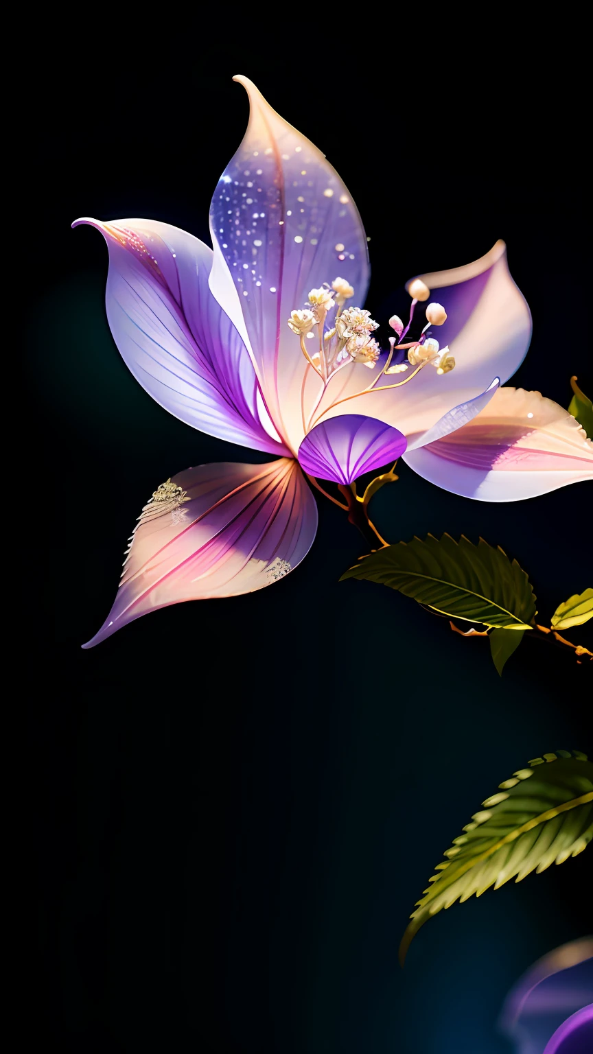 branch of delicate lilac flowers, super transparent, holy light, beautiful spectral light, petals glow, flashing, dark background, drops of transparent light, reflective light, bright, light streaming in, optics, portrait profile, sharp focus, magical, intricate, ultra realistic, fantasy, composition, light, trend on artstation, pearl, patronus cloud of silvery vapor, corrosive enveloping ray family, 8k, ureal ar 23v4 uplight