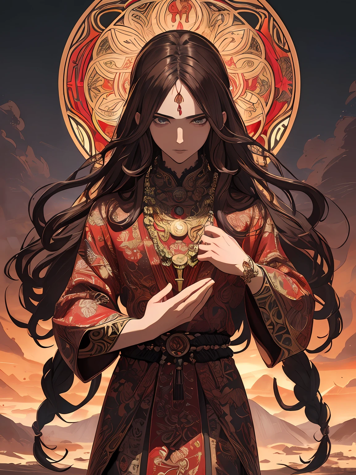 ((best quality)), ((masterpiece)), (detailed), highly detailed, (ultra-detailed), sharp focus, HDR, 8K resolution, (beautiful detailed eyes), (good hands), tall, muscular, menacing oni, long and curly dark brown hair, Red sky, (art nouveau), official art, (flat color:1.3), (flat image:1.4), (Shiny Gray Praying Beads Around His Neck), black outline