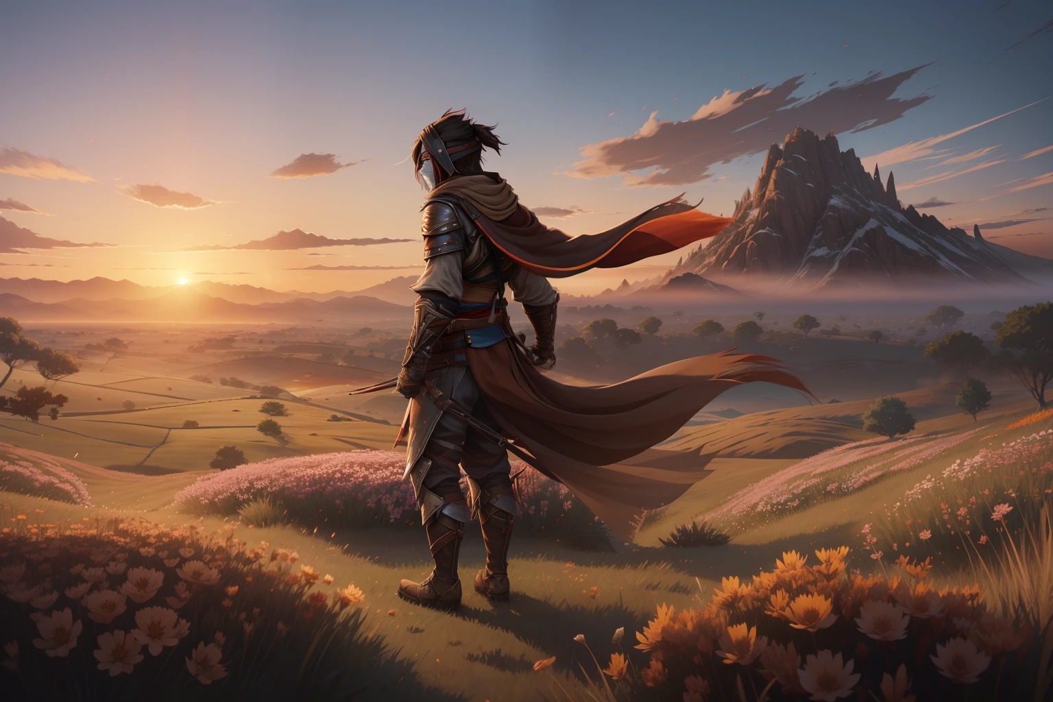 assasin samurai with a blind fold standing on a hill staring at a sunset, peaceful, back shot, assasin gear, brown hair in the wind, windy particles, assasins creed style, anime, beautiful game design, beautiful shot capturing trees, grass, flowers, lush safari, sunset ,ultra detailed, 4K digital art, brown dusty clothing, leather gear, scarf, facing forward, field of flowers, low angle camera shot, unreal engine 5, warm colours