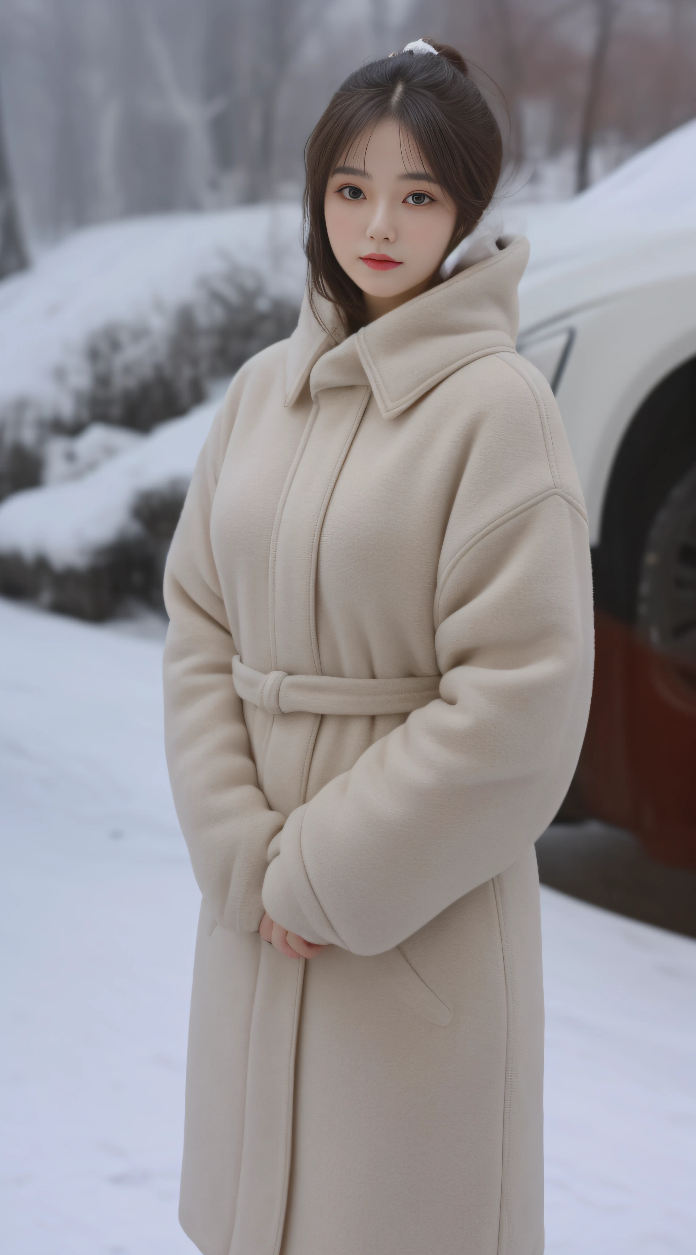 Focus:1.2, perfect figure beautiful woman:1.4,,Best face quality, Ultra-high facial detail,Ultra-high pupil detail,slimfigure,Smaller bust,at winter season,围巾,outside,Sit Pose,Hair is slightly curled,