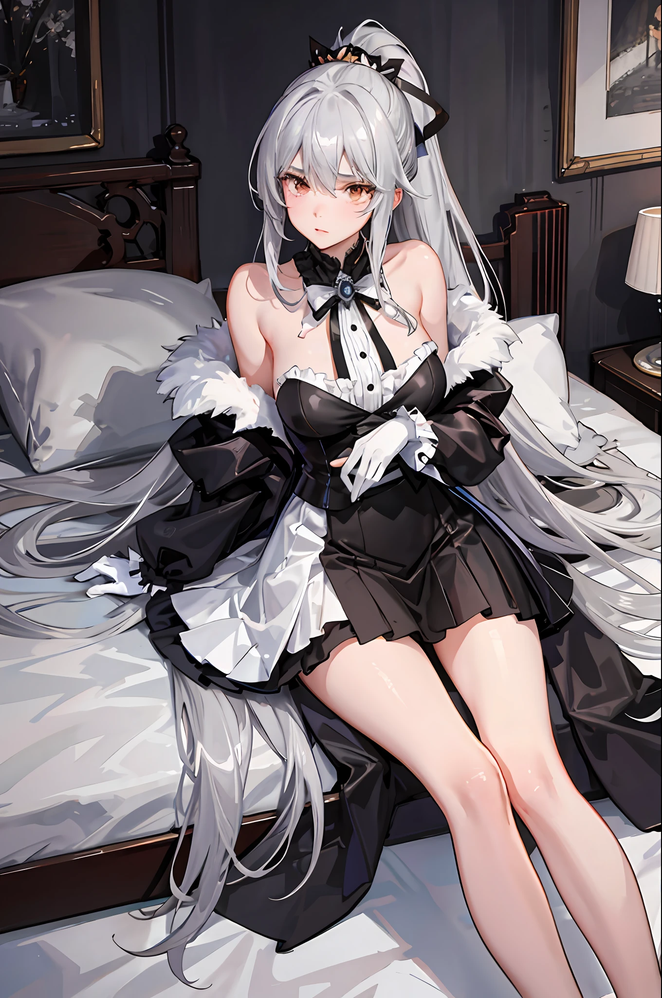 （（（1个Giant Breast Girl）），Ray traching，（dim murky lights），[detailedbackground（Bedrooms）），（（Silvery hair）），（（Silvery hair）），（（（（（Fluffy silver hair，plump and slender girl））Wears a high ponytail）））Avoid golden eyes in the ominous bedroom（（（（The girl wears a short white skirt and light-colored stockings）There are also white ruffled bow gloves），It shows a delicate and slender figure and beautiful curves，Correct limbs，Lie down in bed，4k