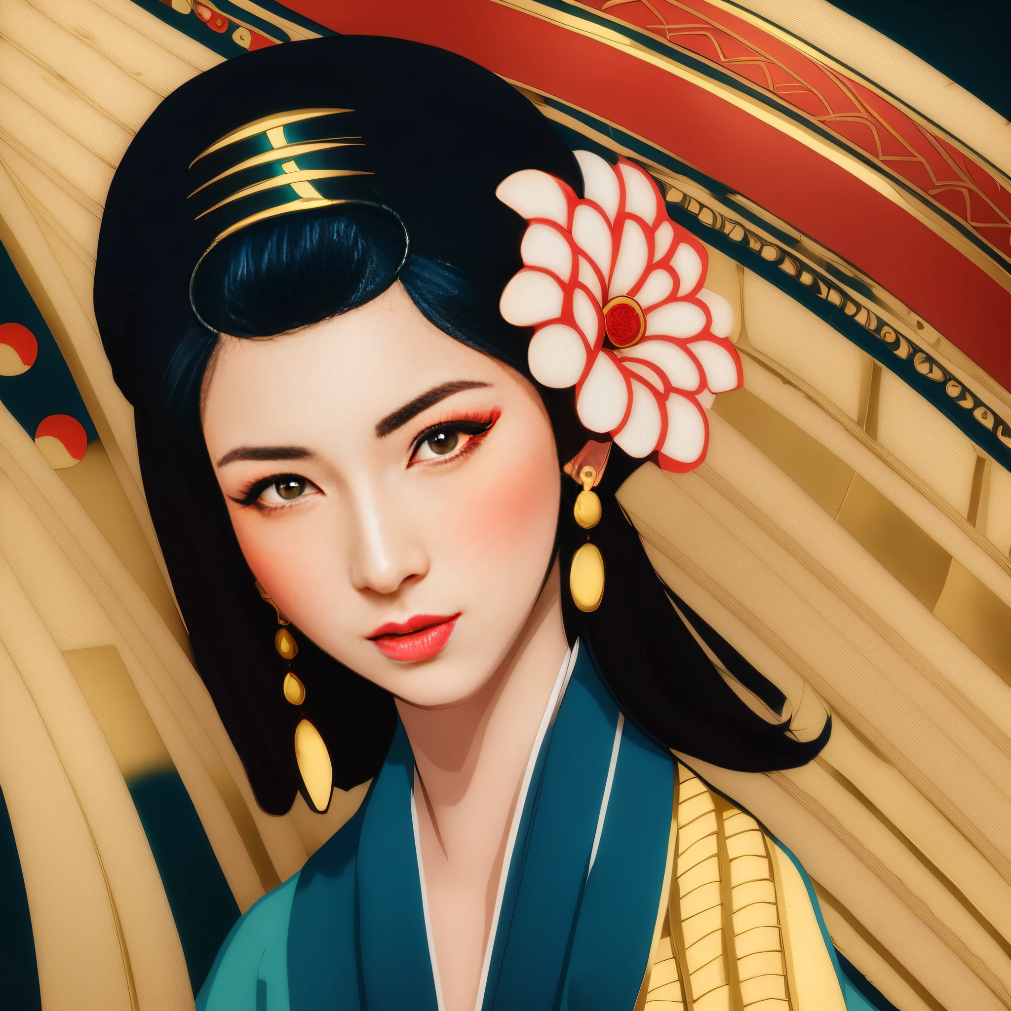 there is a woman with a flower in her hair, in illustration style digital, exquisite digital illustration, Retrato de uma gueixa bonita, Gueixa da beleza, Retrato da gueixa, female geisha girl, a beautiful artwork illustration, Retrato de uma gueixa, japanese art style, inspirado em Utagawa Kunisada III, inspirado em Utagawa Kunisada II