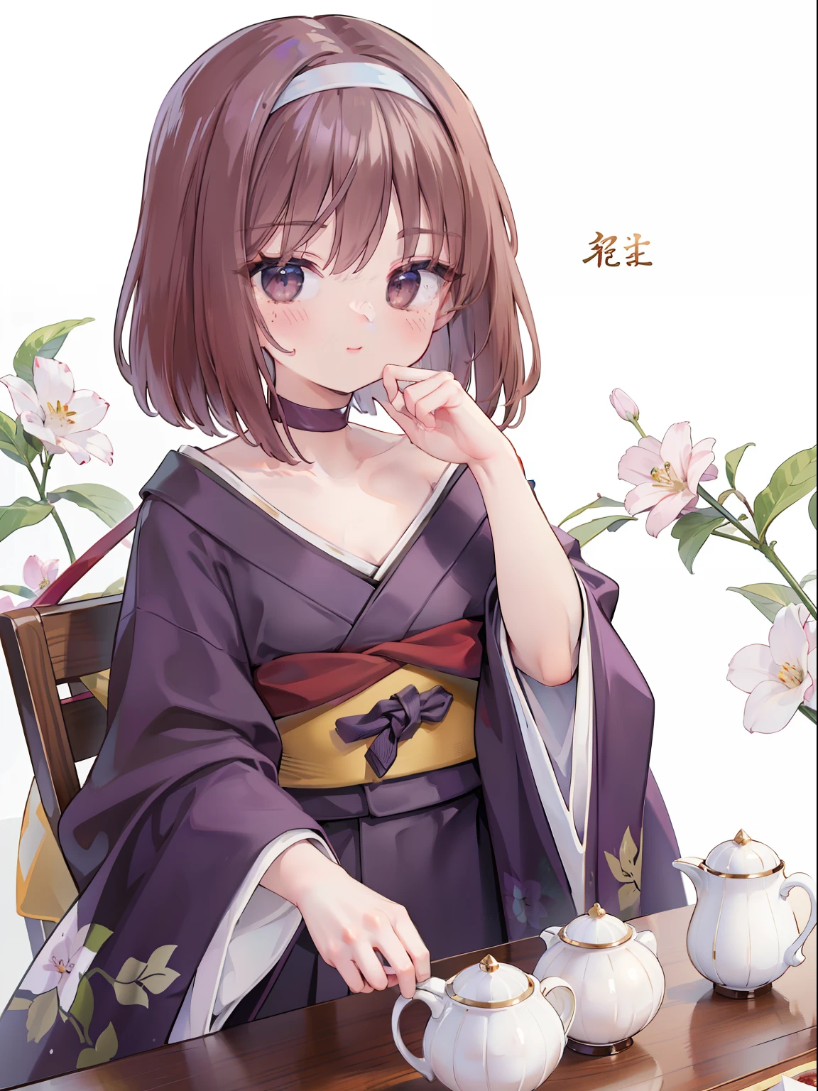 extremely detailed CG unified 8k wallpaper, very fine 8KCG wallpaper, absurderes，Lori ，Best Quality ，ultra-detailliert ，Beautiful face  ，​masterpiece、top-quality ，Best Quality ，ultra-detailliert ，Beautiful face、​masterpiece、top-quality、head band、sumire kanzaki、cups、sitting on、teacup、plates、food、saucer、The table、ngel、nffsw