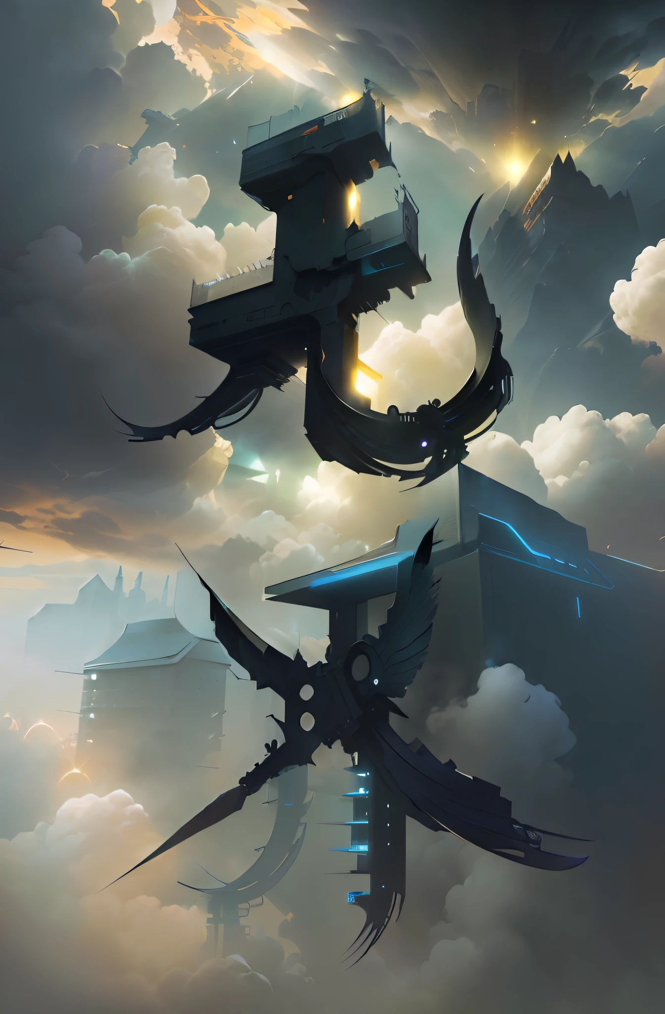 (((Background building) AND (Double birds))，dramatic concept art， award winning concept artist， Infinity Blade concept art wallpaper 4K，bastien grivet，Floating ground dwells in the clouds，epic fantasy sci fi illustration，concept art illustration，highly rendered，Symmetrical epic fantasy art，mystical sci-fi concept art。