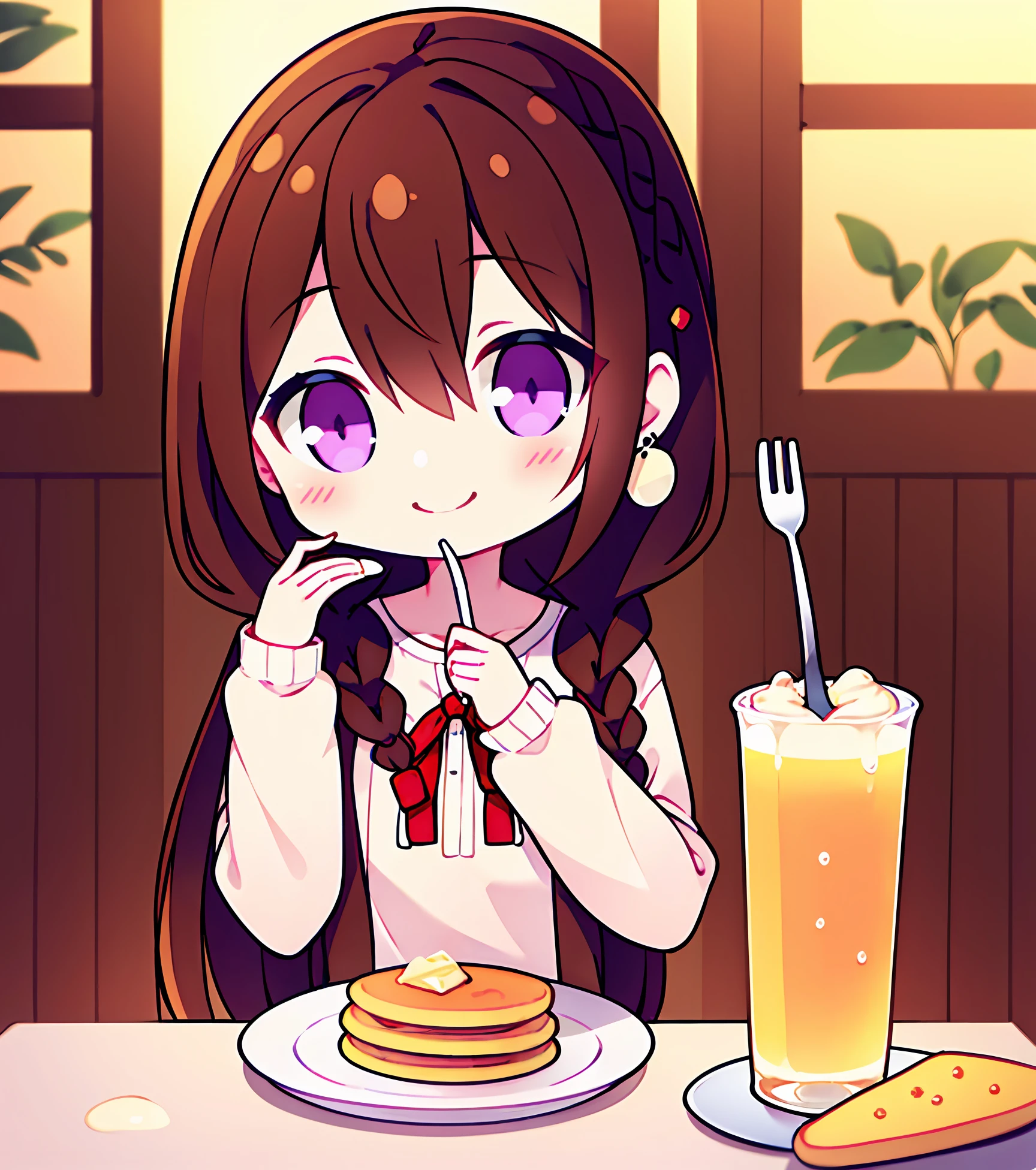 8k, 4k,nsfw,chibi,food, smile, long hair, braid, indoors, brown hair, earrings, jewelry, holding, looking at viewer, 1girl, blush, twin braids, pancake, plate, spoon, bangs, holding spoon, fork, long sleeves, white sweater, sweater, solo, closed mouth, shirt, purple eyes, syrup, upper body, cup, white shirt, holding fork, solo focus, sitting, hands up, butter, table, pov across table