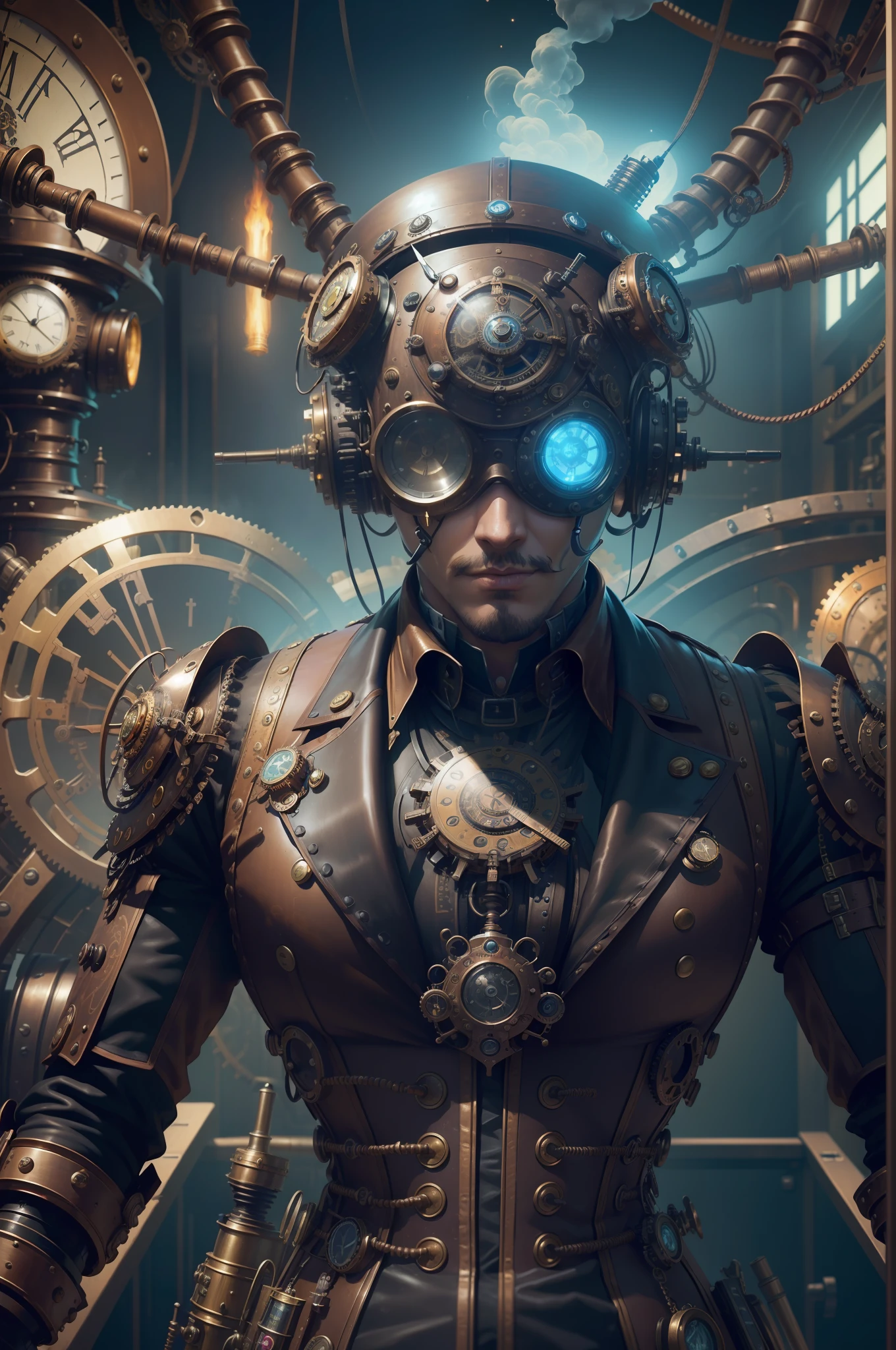 (((steampunk))). steam. ((steam-powered)), clockwork. kinetic, action-packed. futuristic, sci-fi, whimsical.vaporwave. surreal, dynamic scene of A Dr Octopus steampunk scientist, pondering the mysteries of the universe in a futuristic laboratory filled with Venom inspired steam-powered computers