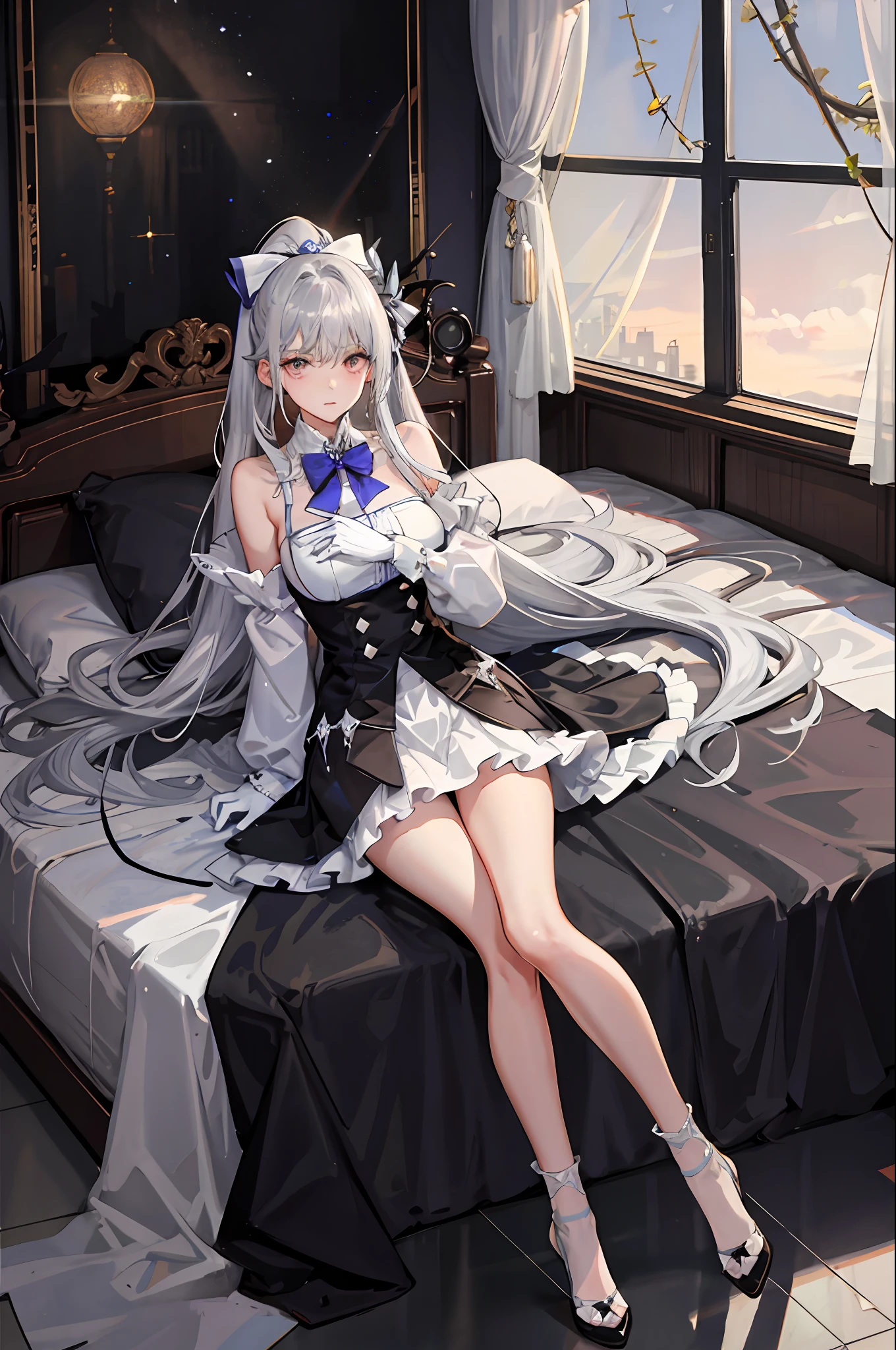 (((1个Giant Breast Girl)),Ray traching,(dim murky lights),[detailedbackground(Bedrooms)),((Silvery hair)),((Silvery hair)),(((((Fluffy silver hair,plump and slender girl))Wears a high ponytail)))Avoid golden eyes in the ominous bedroom((((The girl wears a short white skirt and light-colored stockings)There are also white ruffled bow gloves),It shows a delicate and slender figure and beautiful curves,Correct limbs,Lie down in bed,4k