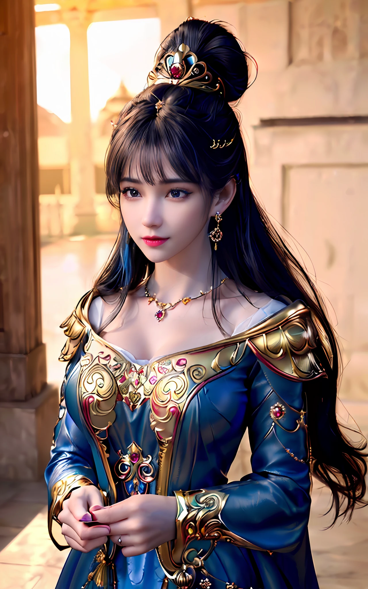 ((realisticity: 1.2)), ((best resolution: 8K UHD)), best quality,masterpiece,highres,cg,
((1 super detailed and super realistic girl)), ((very beautiful queen dazzling, super realistic, and super detailed)),((white skin, beautiful, smooth, youthful, super realistic and super detailed
)), long hair, ((super realistic and super detailed dress)), solo, ((super realistic, super beautiful, gorgeous and super detailed jewelry)), ((super beautiful, super realistic and super detailed dark red and golden yellow dress)),
((super beautiful, super realistic, super detailed diamond filled earrings)),
  ((super beautiful, super realistic and super detailed diamond filled hair ornament)), ((super beautiful upper body, super beautiful, super realistic and super detailed)), ((big breasts: 2.5)), 
((super grand, super realistic and super detailed royal palace backgroun))
((super beautiful, super beautiful, super realistic and super detailed hair bun)), ((super beautiful, super realistic and super detailed blue hair)),
candid, Photograph, high resolution, 8k,Bokeh,