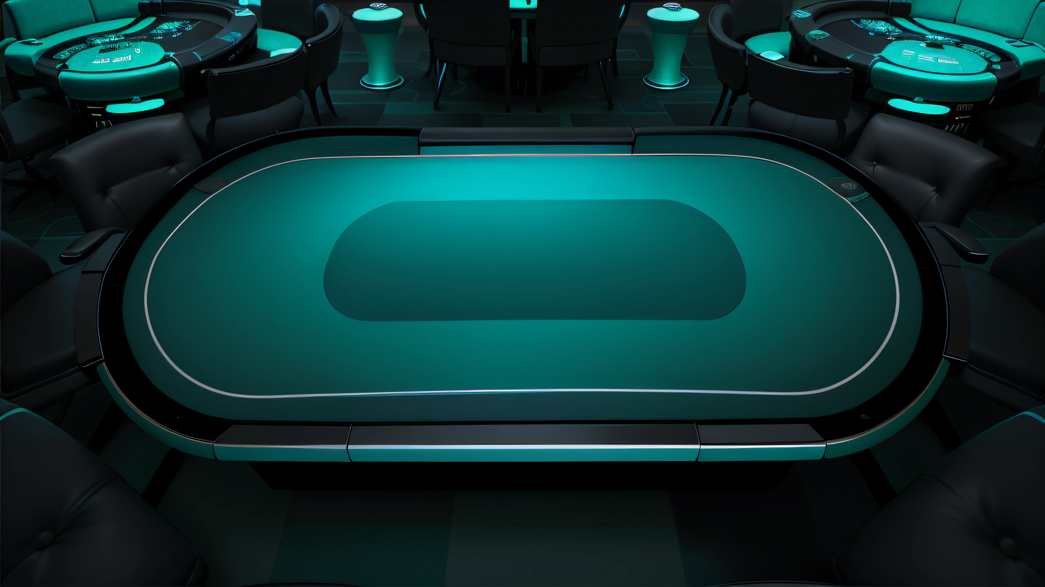 there is a poker table with a green table cloth, gaming table, poker, teal cloth, rendering of checkmate, blue realistic 3 d render, dark teal lighting, depicted as a 3 d render, futuristic casino, casino, semi - realistic render, teal lighting, playing poker, 3d rendering, 3 d rendering, 3 d render even lit, rendering