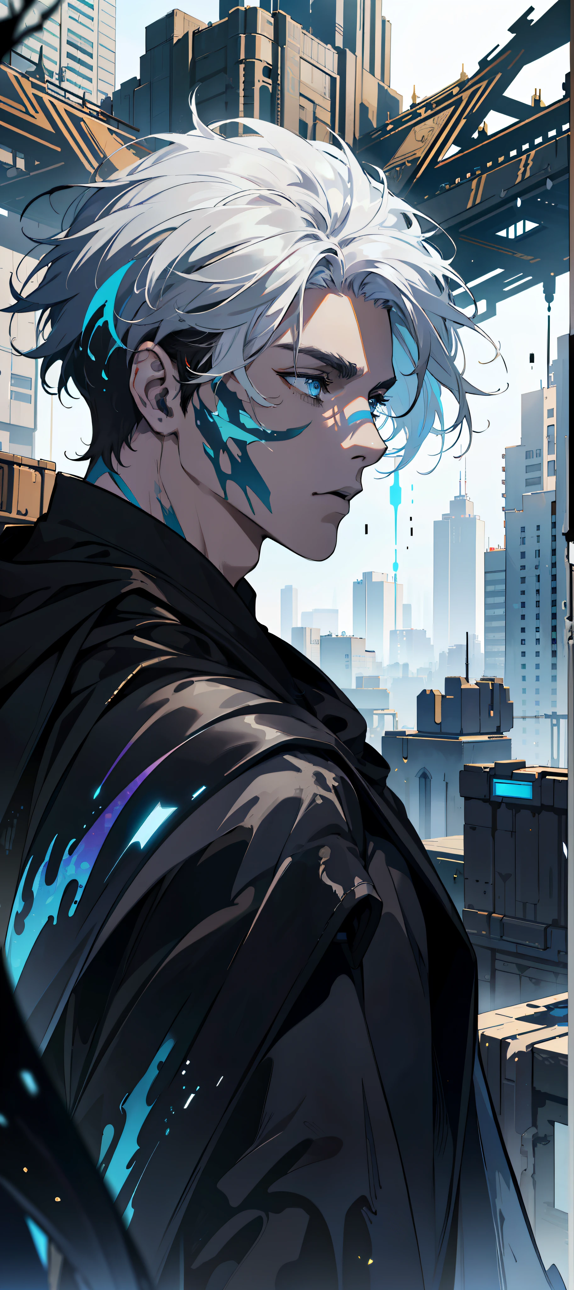 Cyberpunk male, fantasy world, dark background, clean design, epic instagram, artstation, colorful paint splatter, silhouette, hyper detailed intricate details, unreal engine, fantasy, intricate details, splash screen, complementary colors, Fantasy concept art, 8k resolution, deviantart masterpiece, oil painting, heavy strokes, paint dripping, (isolated on white background: 1.3), rainbow skin, (((handsome young man))), ((teenage:1.5) ), (glowing blue eyes), ((light eyes)), ((((short white hair: 1.1))), ((black clothes)), (prince\\(indifferent expression\\),, ( ((Wears high detail luxurious black robe))), white hair, frost magic, ((chest) --v 6