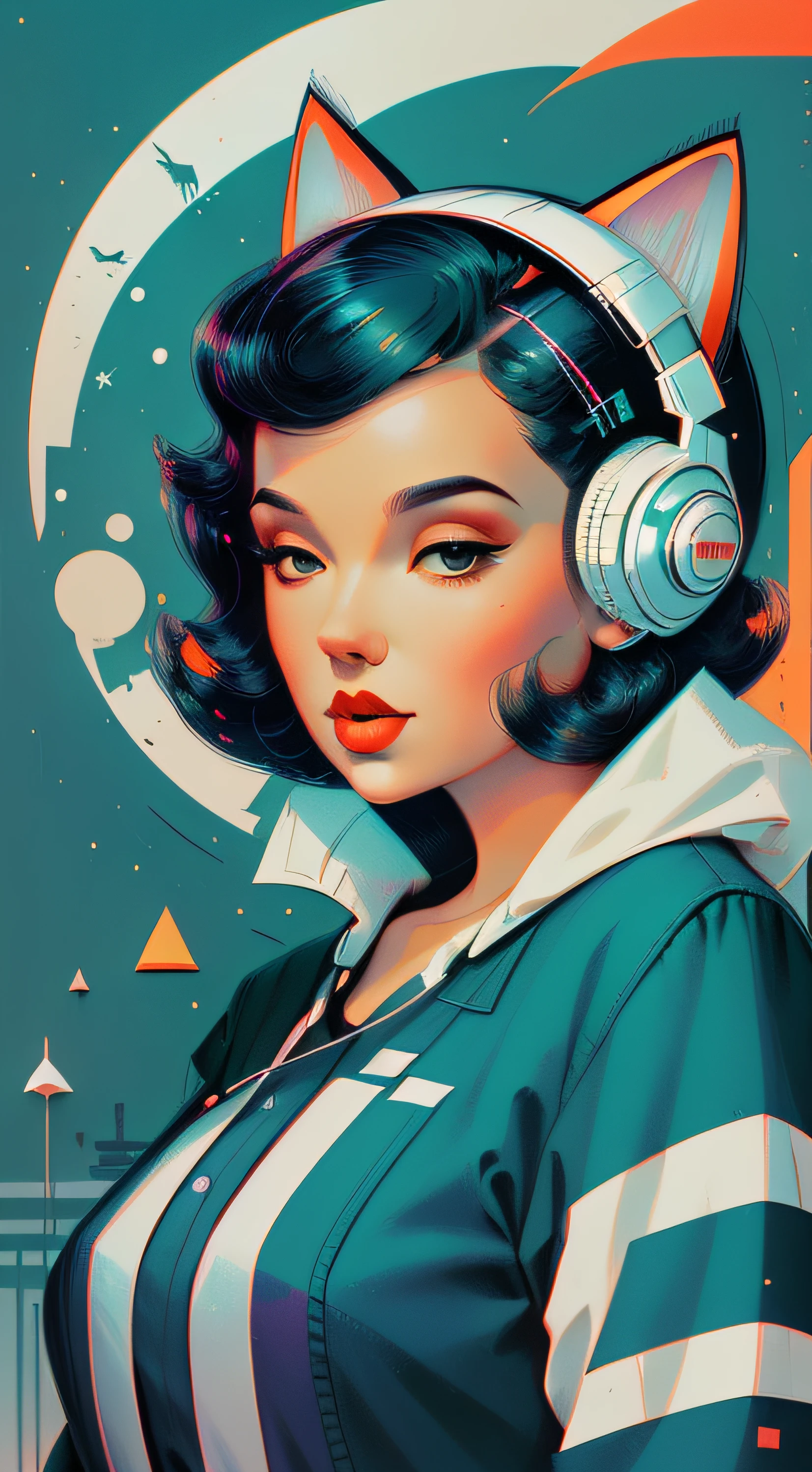 retro scifi art,vintage,1pinup girl with very white techwear clothes,cat,geometric shapes and simple stripes on background