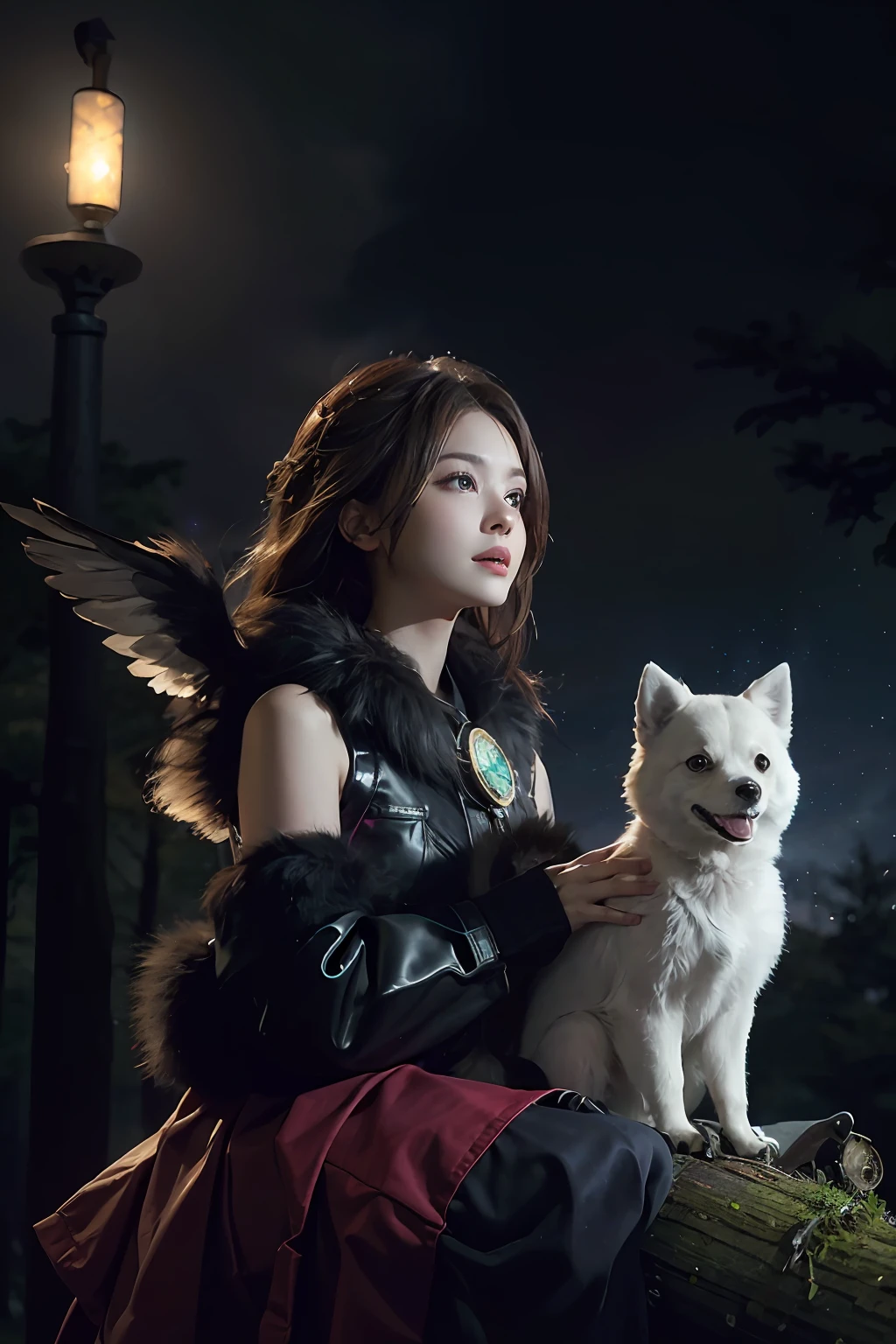 a baby feathered pomeranian with wings, rainbow colored fur made of bushy feathers, sitting on a log in the forest, wearing a futuristic collar with colorful tiny lights, highly detailed fur, cute, symmetrical, soft lighting, highly detailed face, concept art, digital painting, looking into camera, (fireflies), fog, night, moon, symmetrical, (cbzbb:1.25) cute big circular reflective sparkling eyes, unreal engine cinematic smooth, intricate detail