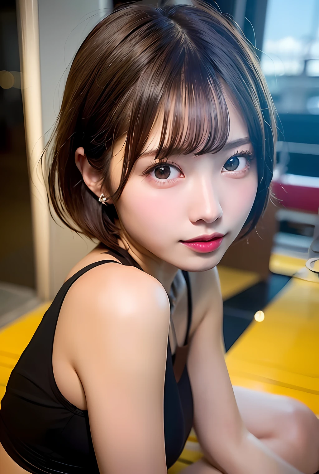 masterpiece, masterpiece, best quality, best quality, real, unity, 8k wallpaper, official art, highly detailed cg unity 8k wallpaper, ulzzang-6500, (original: 1.2), (real: 1.4), ultra detail, high resolution, ultra detail,fantastic, fine detail, cinematic lighting, (1girl:1.4), (brown|black hair:1.4), (short hair:1.3), ( Realistic skin:1.2), (light brown skin:1.2),(small), beautiful girl beautiful details, highly detailed eyes and face, eyes with beautiful details, huge file size, super detailed and beautiful, blush, embarrassing, (laughs: 1.2), black eyes, model shooting style, (full body shooting: 1.4), sea, bikini swimsuit