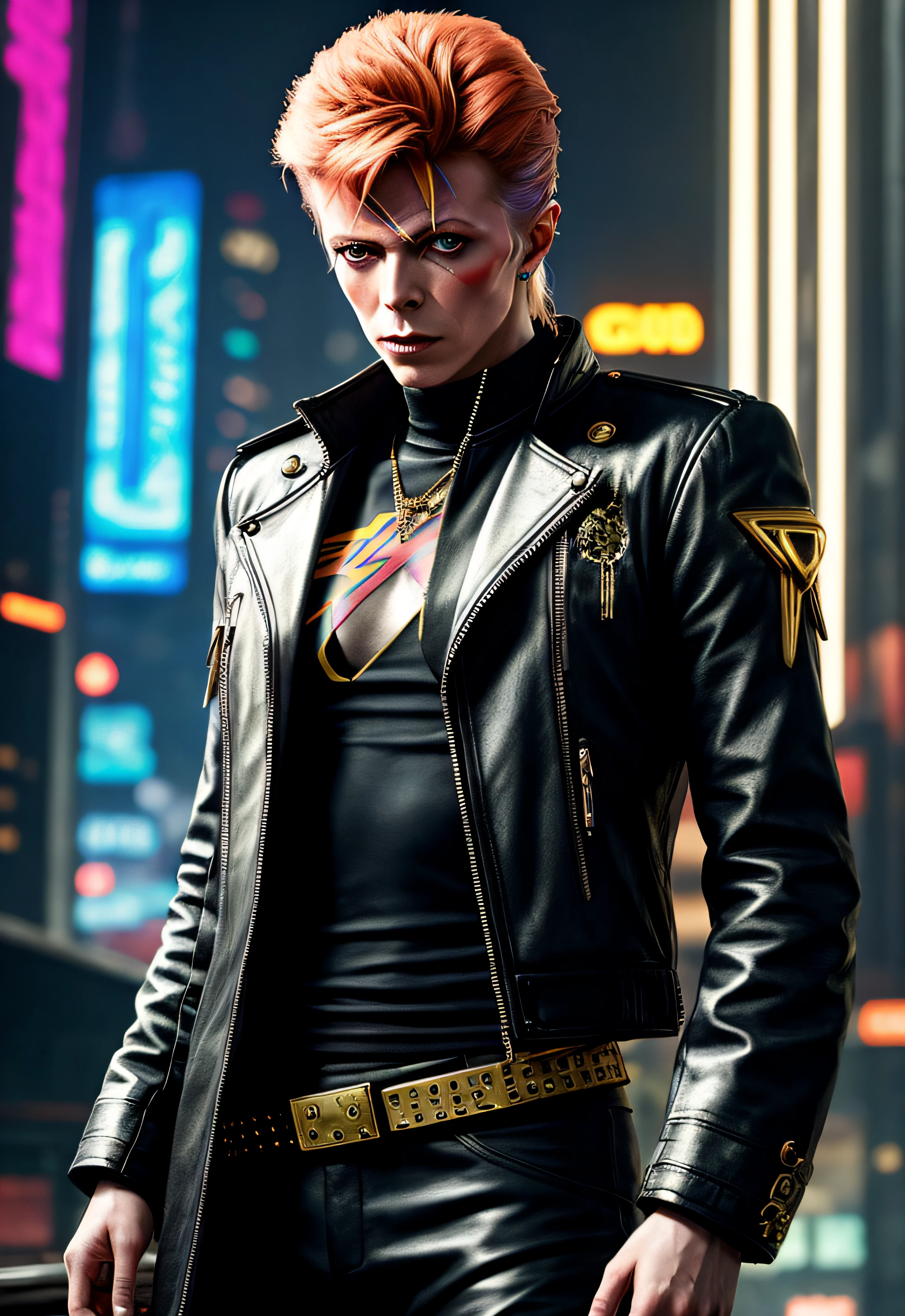 a painting of a DAVID BOWIE, background, style Cyberpunk 2077, band of gold round his breasts