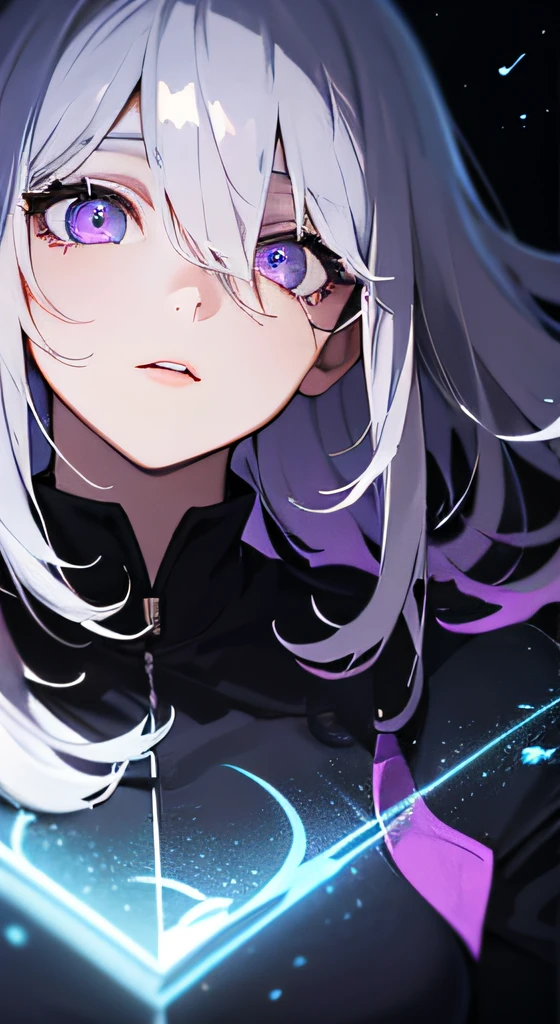 (masterpiece, best quality, ultra-detailed, best shadow), (detailed background,dark fantasy), (beautiful detailed face), high contrast, (best illumination, an extremely delicate and beautiful), ((cinematic light)), colorful, hyper detail, dramatic light, intricate details, (1girl, solo,white hair, sharp face,purple eyes, hair between eyes,dynamic angle), blood splatter, swirling black light around the character, depth of field,black light particles,(broken glass),magic circle,