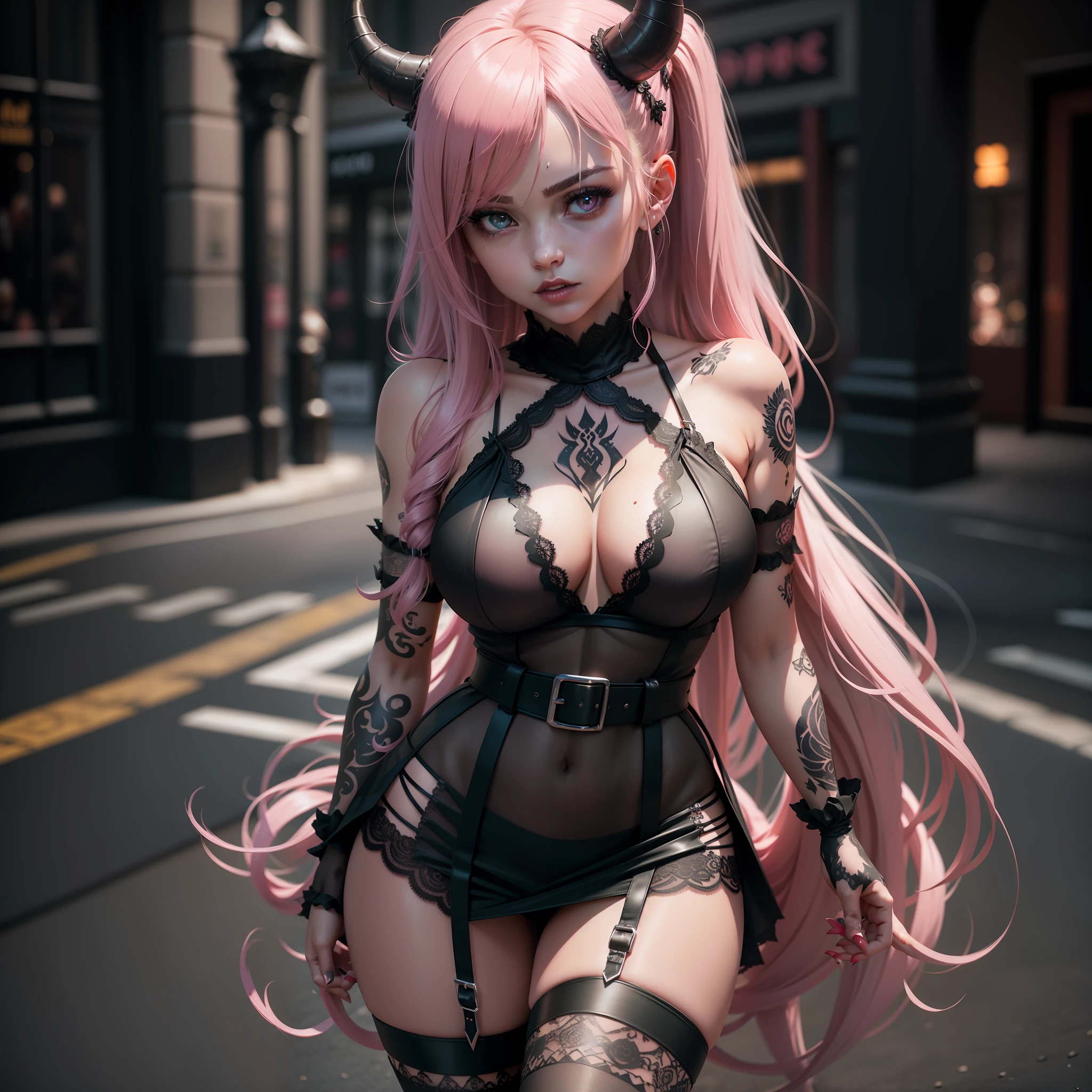 1girll,succubi,In the dark,Wear a black lace dress,Large chest,There is a pink tattoo on the chest,upper legs,Thigh black fishnet socks,Stocking belt letters,There is a tattoo on the thigh,ultra-realistic realism,3D,the street,mall