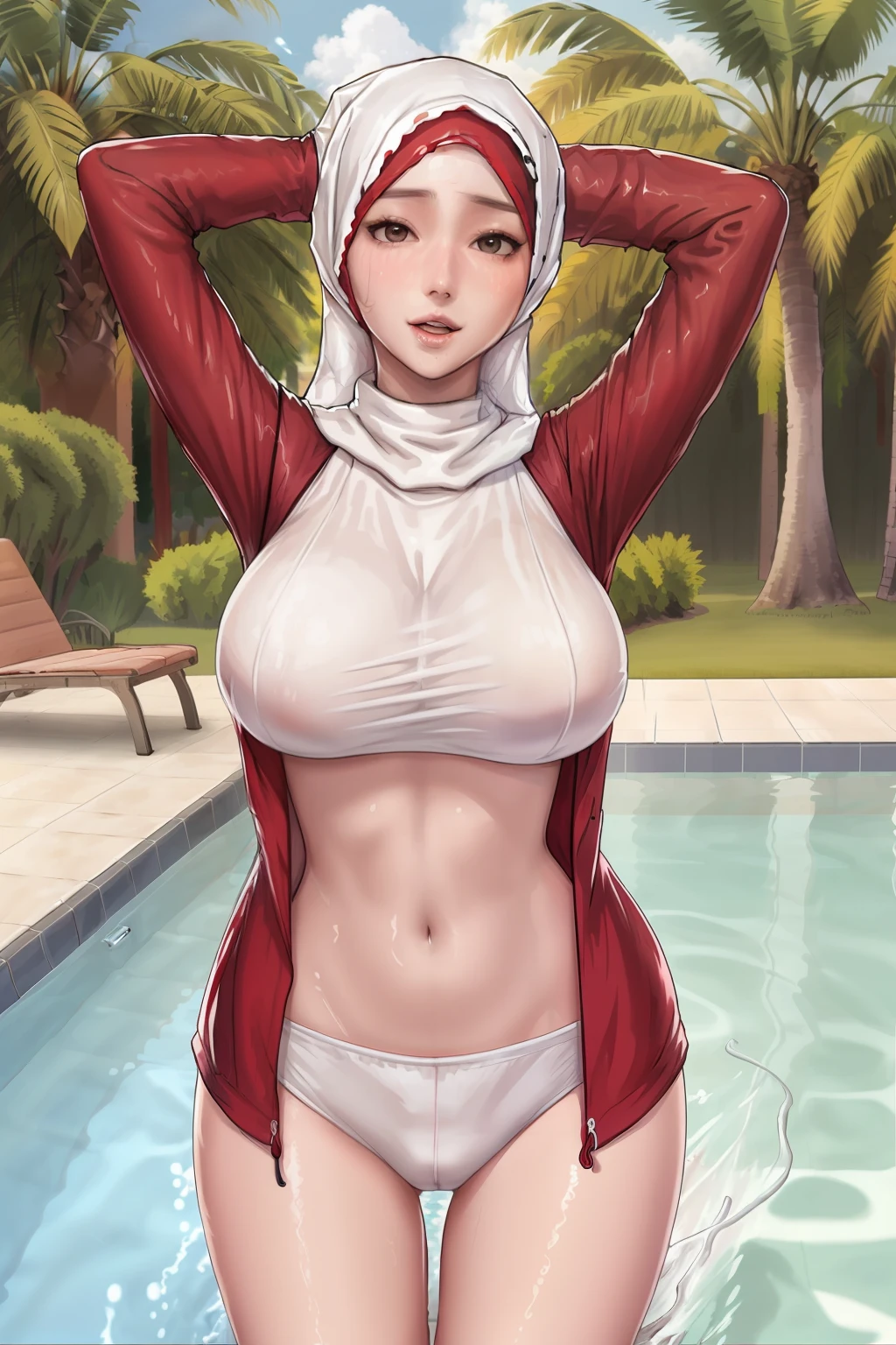 girl, sexy,home, hijab,big breast,hijab long wet white and red clothes and long wet short pants outfit,happy,in swimingpool