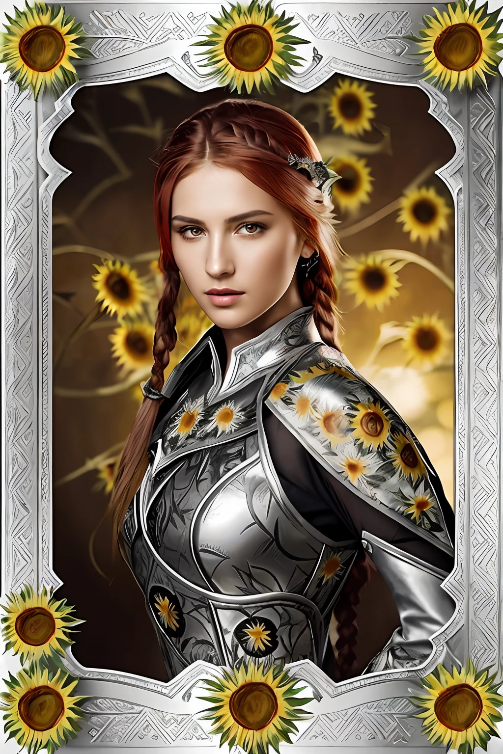 tmasterpiece,best qualtiy,hdr, hyper HD, 8K,Bokeh,Ultra-fine painting,Sharp focus,Physically-based rendering,Extreme detail description,1 female paladin,Raised sexy,ride horse,Hold a sword in hand,Light silver armor,(Richly decorated armor:1.5),(The silver sunflower print pattern is delicate and beautiful:1.5),red tinted hair,Long, Thick braids,A detailed eye,Straight nose,perfect bodies,((Battlefield fighting:1.5)),