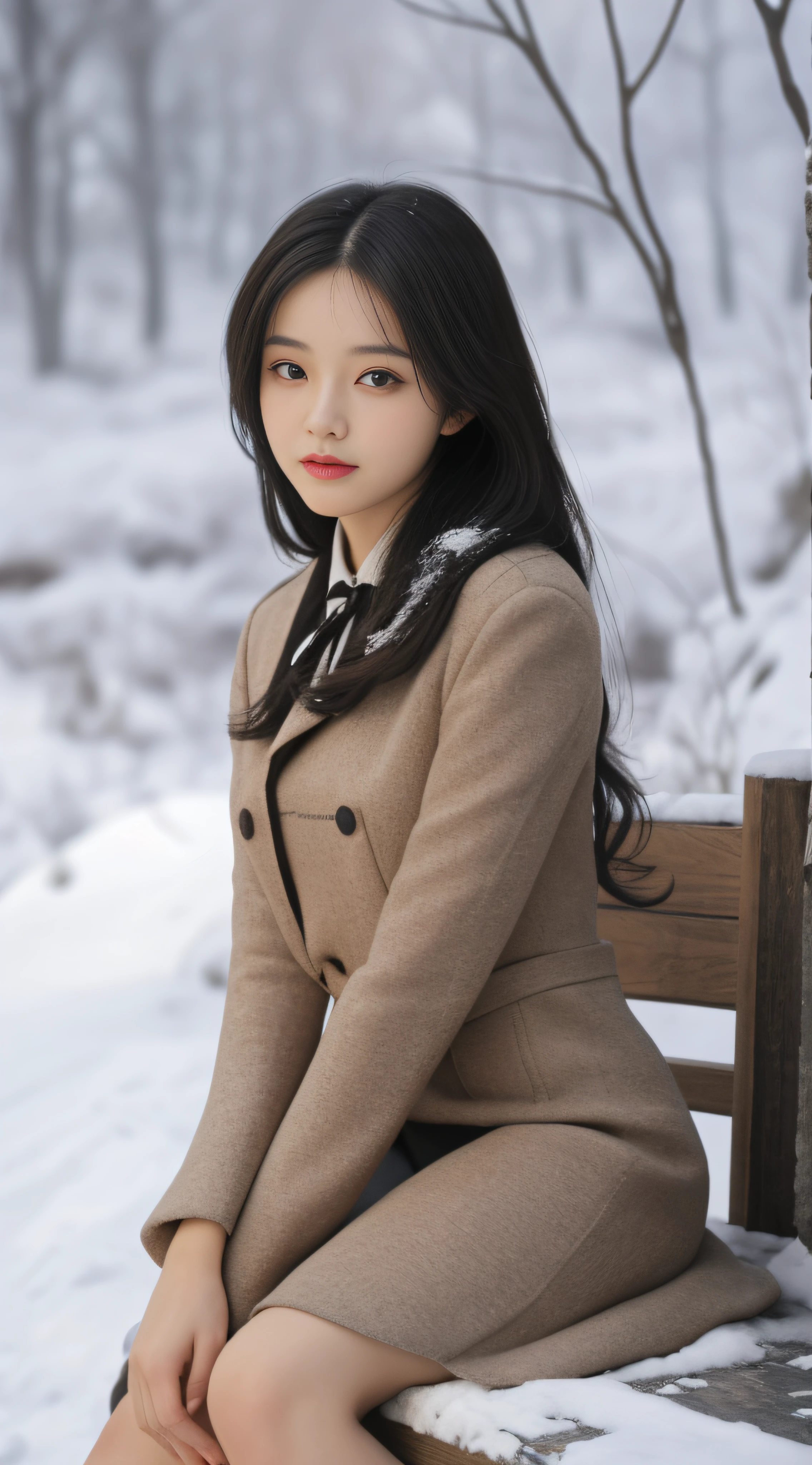 Focus:1.2, perfect figure beautiful woman:1.4,,Best face quality, Ultra-high facial detail,Ultra-high pupil detail,slimfigure,Smaller bust,at winter season,围巾,outside,Sit Pose,Hair is slightly curled,