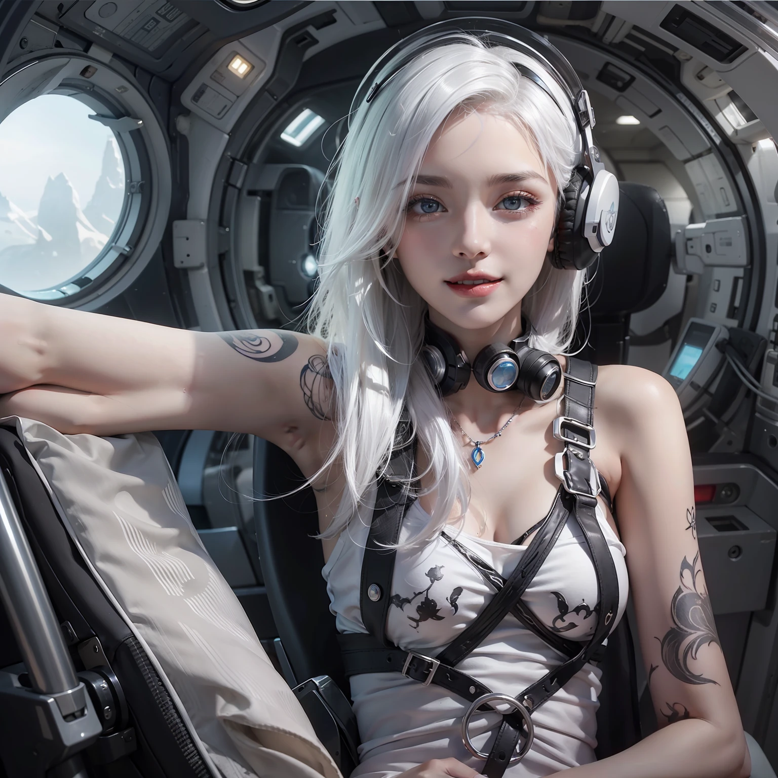Enchanted woman happy to raise her hand　Perfect beauty　Beautiful white skin　beautidful eyes　Lustrous lips　Lovely smile　White hair　There is a tattoo from the neck to the chest　sitting on　Tank top that sticks to the body designed in white and black　Functional　head phone　Inside the spacecraft