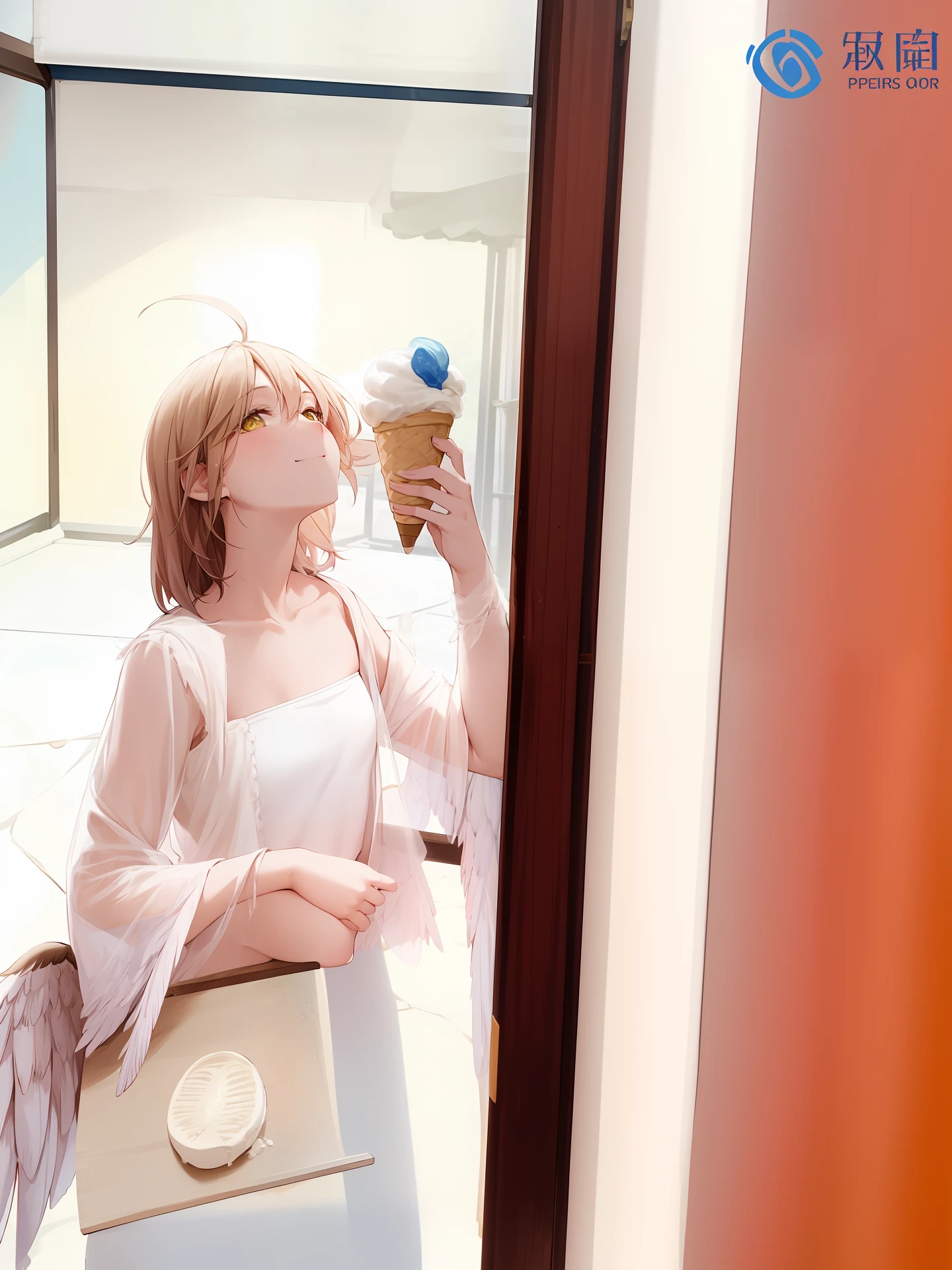 1girl, solo, harpy,winged arms, blue wings,blue hair, feathered wings, monster girl, yellow eyes, small breasts,outdoors, smile,hair between eyes, outdoors, looking at viewer,ahoge,bandeau, shorts, navel,bare shoulders, dutch angle,
bench, (ice cream:1.0), sitting, on bench, short hair,holding ice cream,