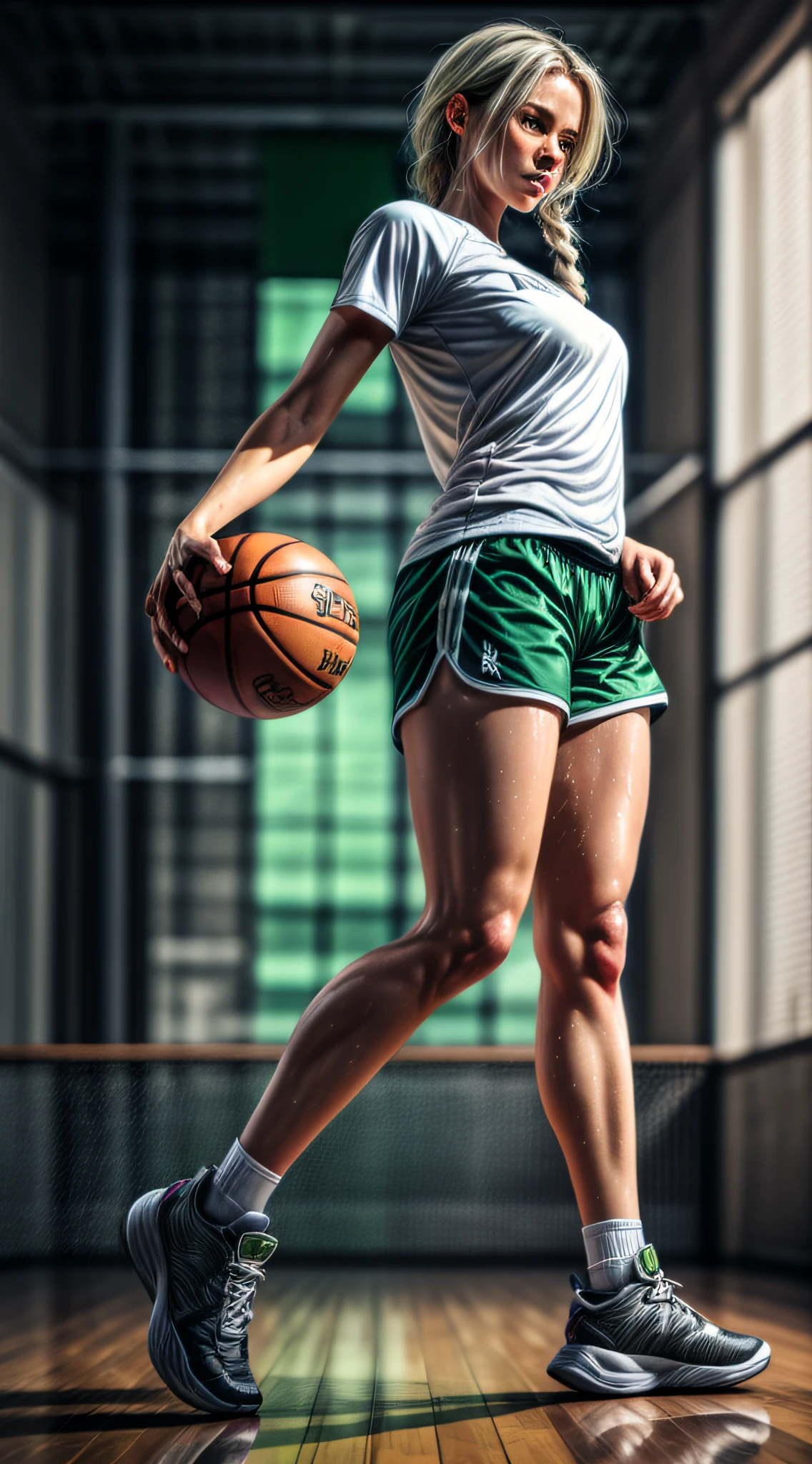 1girl, full body, very tall, athletic body, lean body, dark skin tone, (white hair), long hair, hair in 2 long braids, muscles, green eyes, sweaty, tired, serious, side boob basketball shirt, micro shorts, necklace, basketball court, (masterpiece, best quality, high resolution, ultra detailed), night, depth of field, still looking at viewer, low angle, bottom view, (incredibly detailed, expressive image)