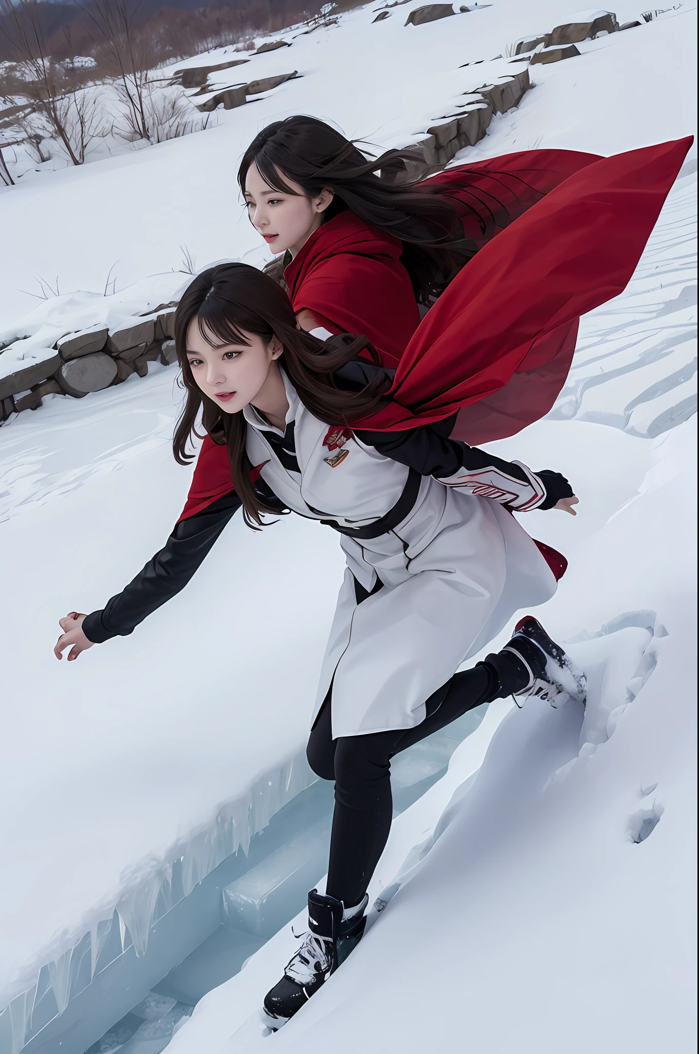 Help me draw a picture of the ice and snow of Heilongjiang,Aisha stood on the top of the hill,Wearing a red cape,Anna chases her on the hillside