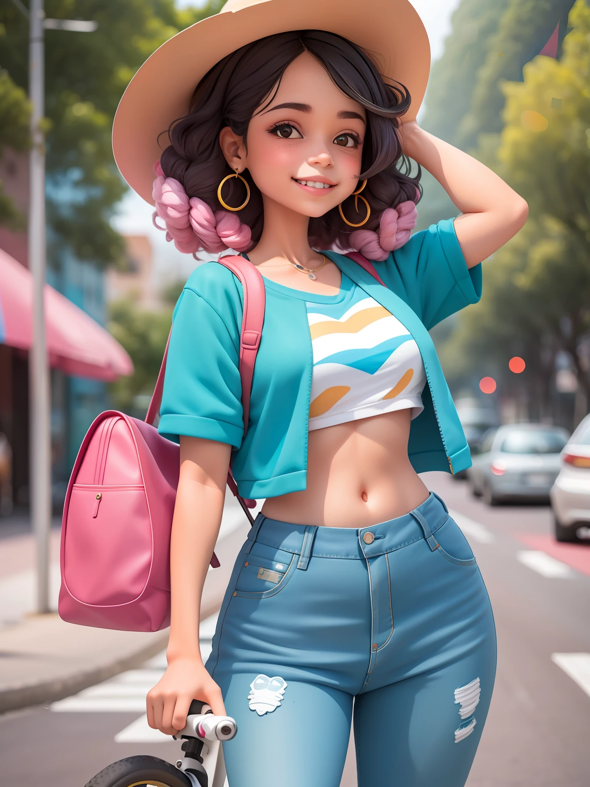 cute morena andando de bicicleta, touca e moletom, pants and mini blouse, sorriso claro, corpo inteiro, :3, cabelo moreno longo e curto, preso, Modern accessories, fundo tom pastel , colorido e simples.