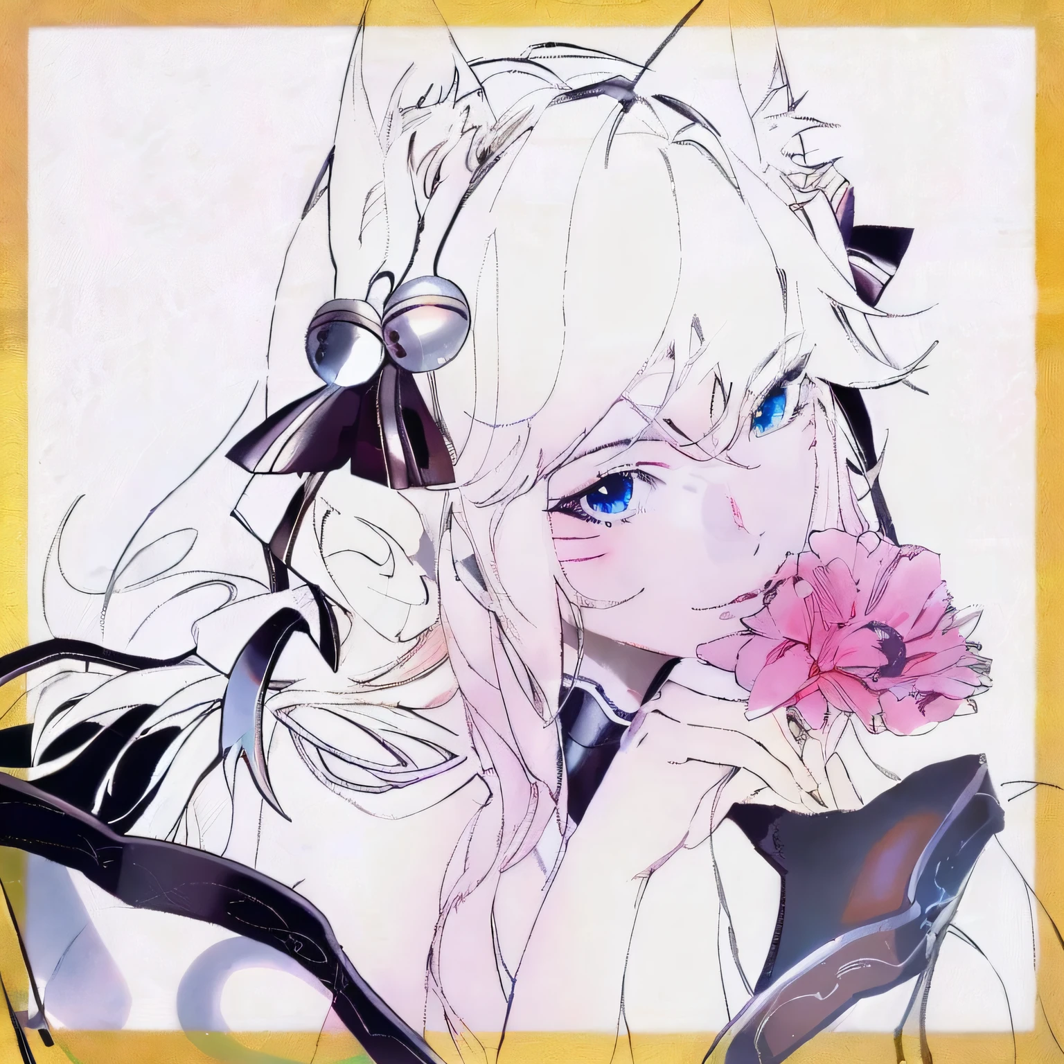 A pink-haired，cat ear，blue color eyes，Anime girl with blue eyes and pink flowers in her hands, a beautiful anime portrait, Digital art on Pixiv, beautiful anime catgirl,