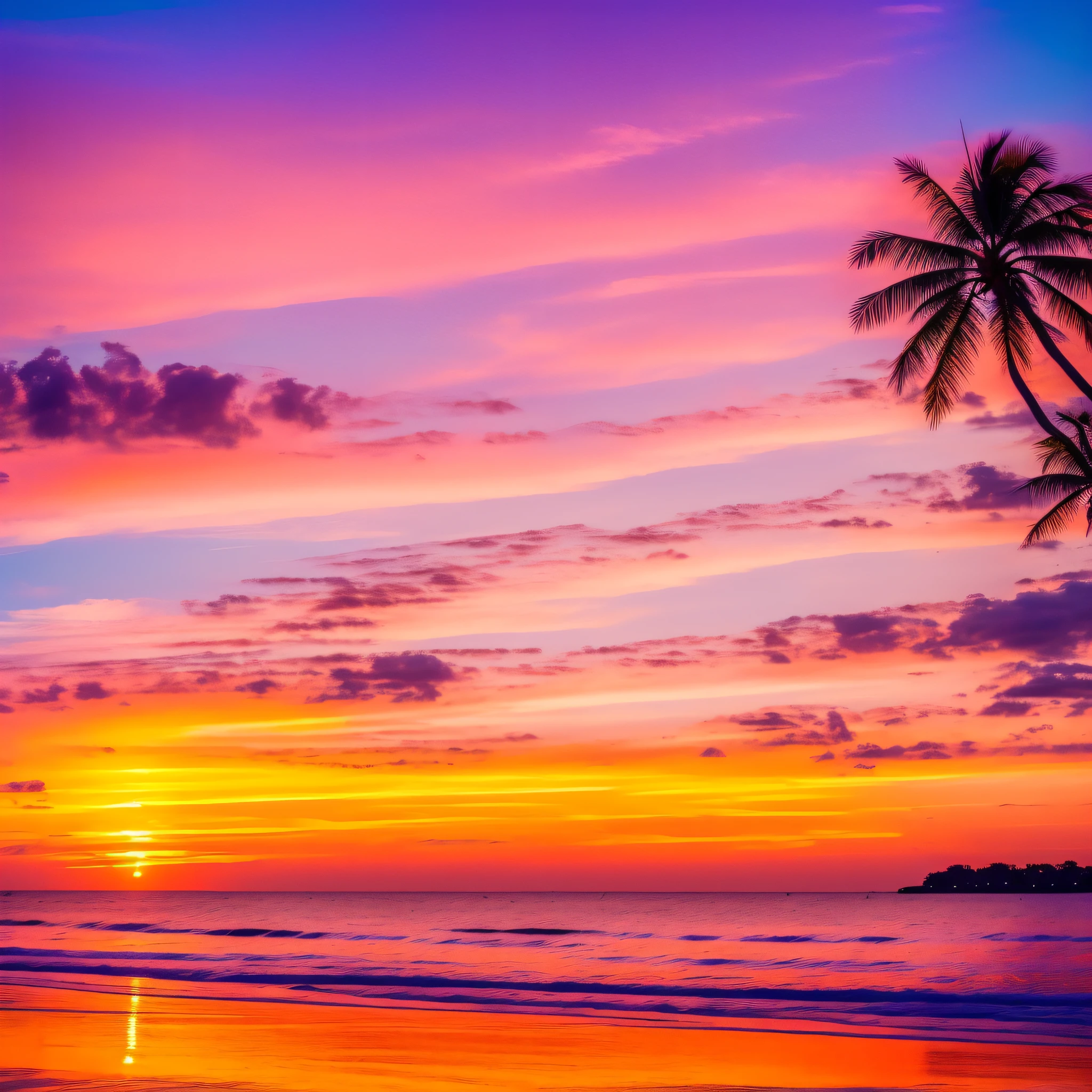 Oranges, pinks and yellows blend together to fill the sky, and the sunset over the beach is truly mesmerizing. The crystal clear waters gently kiss the coast, and the white sand beach stretches out endlessly. It's a dynamic and breathtaking scene with seagulls soaring high into the sky and palm trees gently swaying. Take in the calm atmosphere and peace will wash you away.