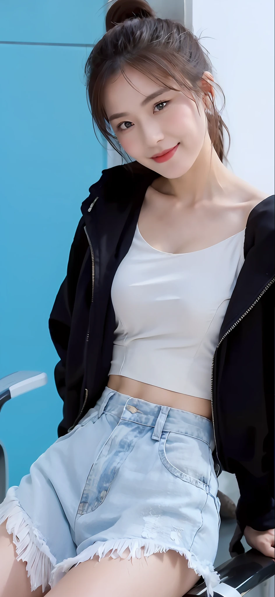 ((Best Quality, 8k, Masterpiece:1.3)), Focus: 1.2, Perfect Body Beauty: 1.4, Buttocks: 1.2, ((High Ponytail, Collarbone: 1.2)), (Short Skirt: 1.1) , (Rain, Street:1.3), Highly detailed face and skin texture, Fine eyes, Double eyelids, Whitened skin, Long hair, (Shut up: 1.3), Smile, Long legs, Full body, Best proportions of four fingers and one thumb, Smiley face, Face texture: 1.3, Sunshine, Summer, collarbone, beautiful eyes, real face, real skin, realistic face, realistic skin, detailed eyes, detailed facial features, detailed clothing features, detailed face, chest contour, tight fit, POS random, upper body silk wrap: 1.4
