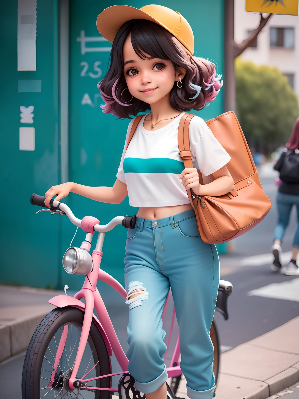 cute morena andando de bicicleta, touca e moletom, pants and mini blouse, sorriso claro, corpo inteiro, :3, cabelo moreno longo e curto, preso, Modern accessories, fundo tom pastel , colorido e simples.