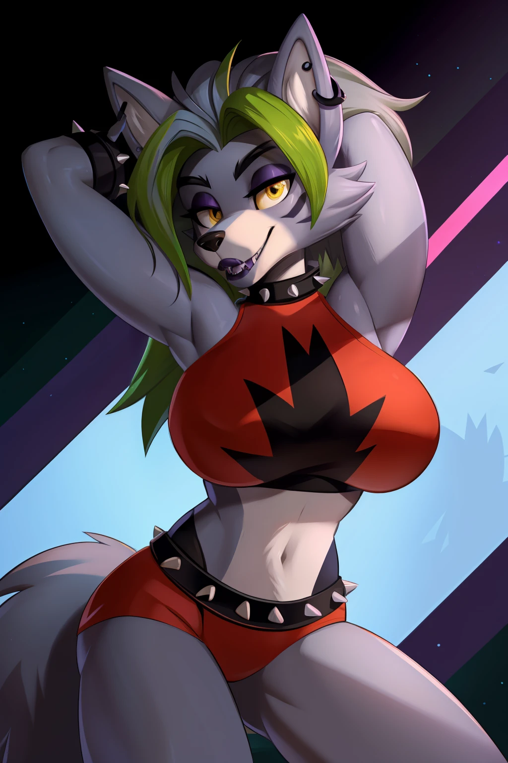 best quality,   fnafroxanne, furry female, body fur, makeup, wolf ears, wolf tail, crop top, big breasts, purple lipstick, collar, spikes, jewelry, ear piercing, bracelet, yellow eyes, detailed eyes,  3DMM, gray hair, green hair, ass drop pose
