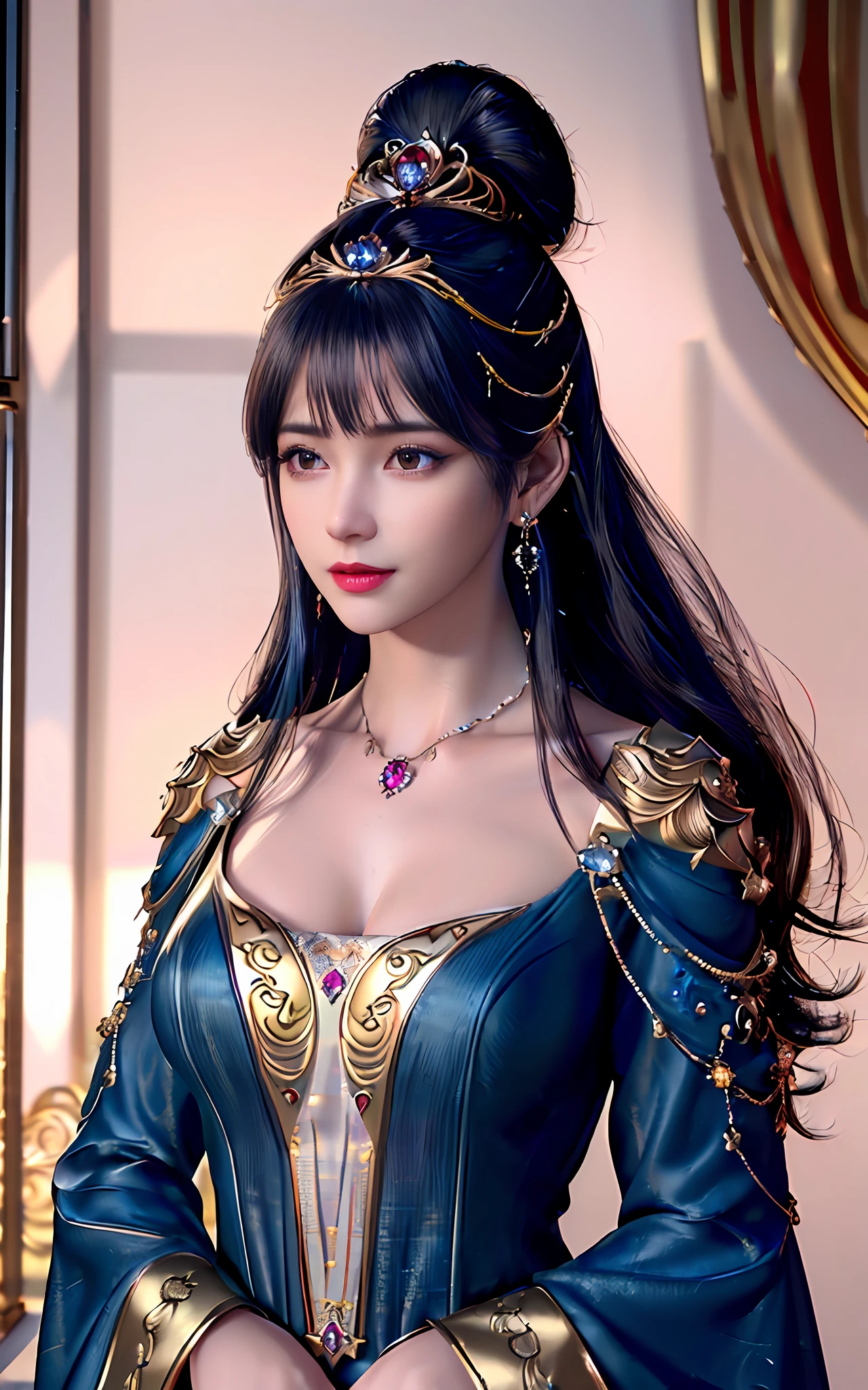 ((realisticity: 1.2)), ((best resolution: 8K UHD)), best quality,masterpiece,highres,cg,
((1 super detailed and super realistic girl)), ((very beautiful queen dazzling, super realistic, and super detailed)),((white skin, beautiful, smooth, youthful, super realistic and super detailed
)), long hair, ((super realistic and super detailed dress)), solo, ((super realistic, super beautiful, gorgeous and super detailed jewelry)), ((super beautiful, super realistic and super detailed dark red and golden yellow dress)),
((super beautiful, super realistic, super detailed diamond filled earrings)),
  ((super beautiful, super realistic and super detailed diamond filled hair ornament)), ((super beautiful upper body, super beautiful, super realistic and super detailed)), ((big breasts: 2.5)), 
((super grand, super realistic and super detailed royal palace backgroun))
((super beautiful, super beautiful, super realistic and super detailed hair bun)), ((super beautiful, super realistic and super detailed blue hair)),
candid, Photograph, high resolution, 8k,Bokeh,