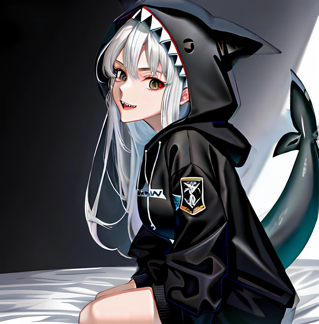 2D, Masterpiece, Best quality, anime big breast, Highly detailed face, highly details eye, highly detailed back ground, Perfect lighting, , Kizi, Shark Girl, Black hoodie, Hood up, Animal hood, Black shark tail, Shark print, Sharp teeth, Bust E,sitting on his knees on the bed,Holding a black cartoon shark doll,Silver-white hair,Bare chest