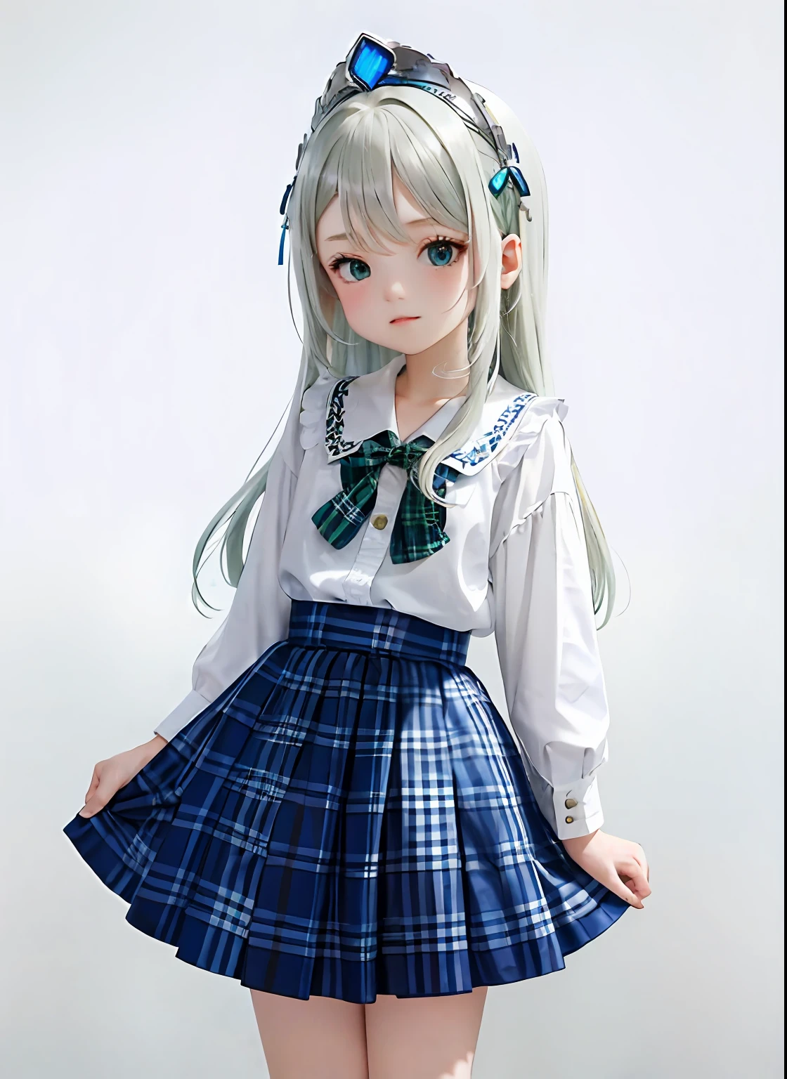 1girl, (masterpiece:1.1), (best quality:1.1), (white blouse:1.1), (plaid skirt:1.1), school uniform, high waist skirt, BREAK [blue:pink:0.5] theme, (gradient background:1.1 ), cowboy shot, BREAK silver hair, long hair,, green eyes, delicate headgear, looking sideways,