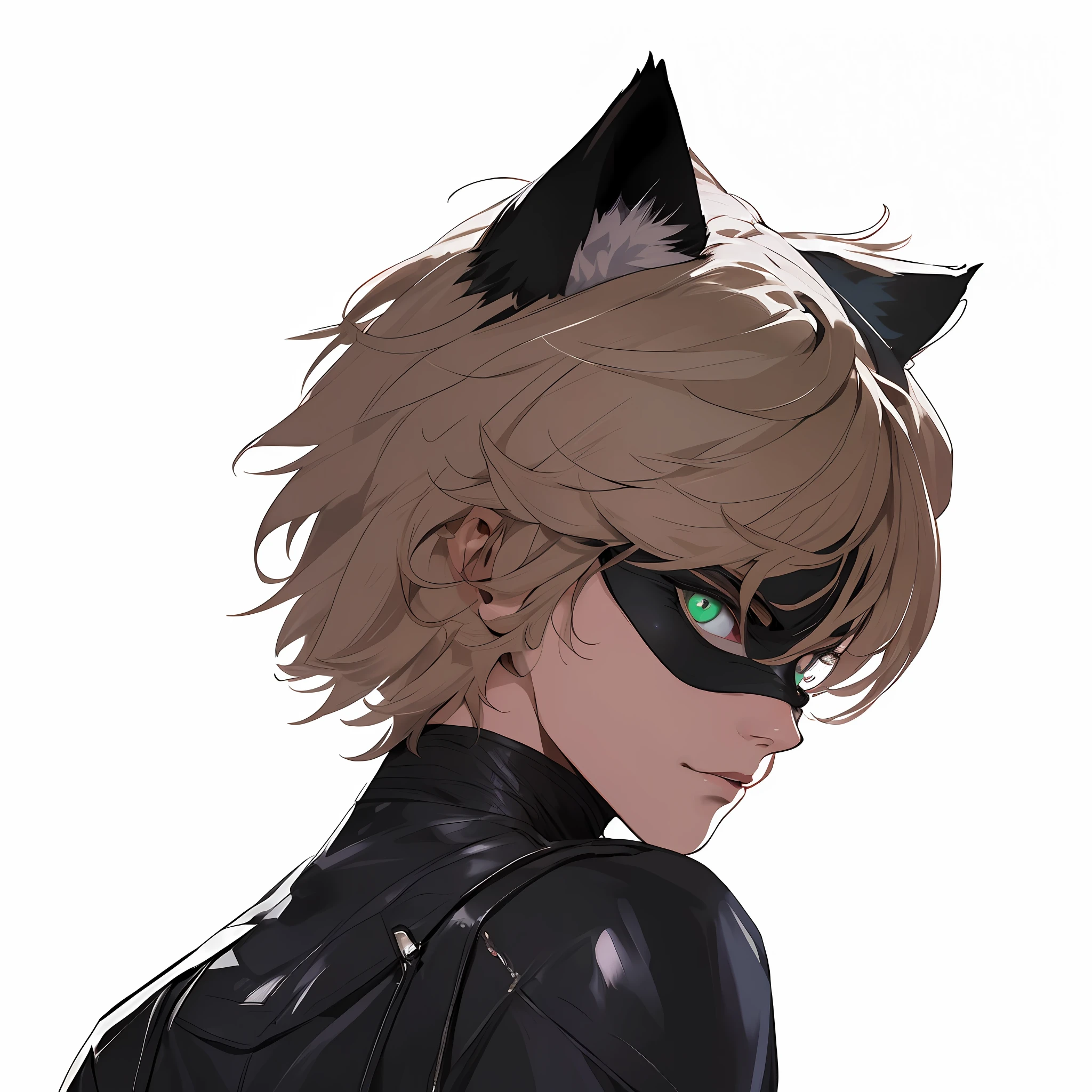 (masterpiece, top quality, best quality, official art), very detailed, colorful, most detailed, A very perfect and handsome boy with green pupils, exquisite eyes, exquisite black eye masks, white cat ear fur inside black cat ears, and a black leather tight suit,