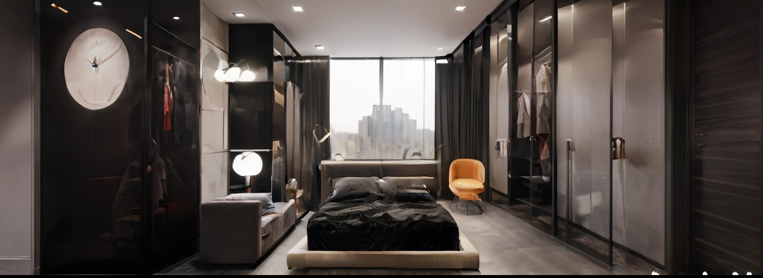 Modern bedroom design, 1 wardrobe, 1 bed, level recoil plasterboard ceiling with black lights, 1 gray curtain, glass wall, luxury, super real, 8k resolution, reder vray, good quality, super product, most masterpiece