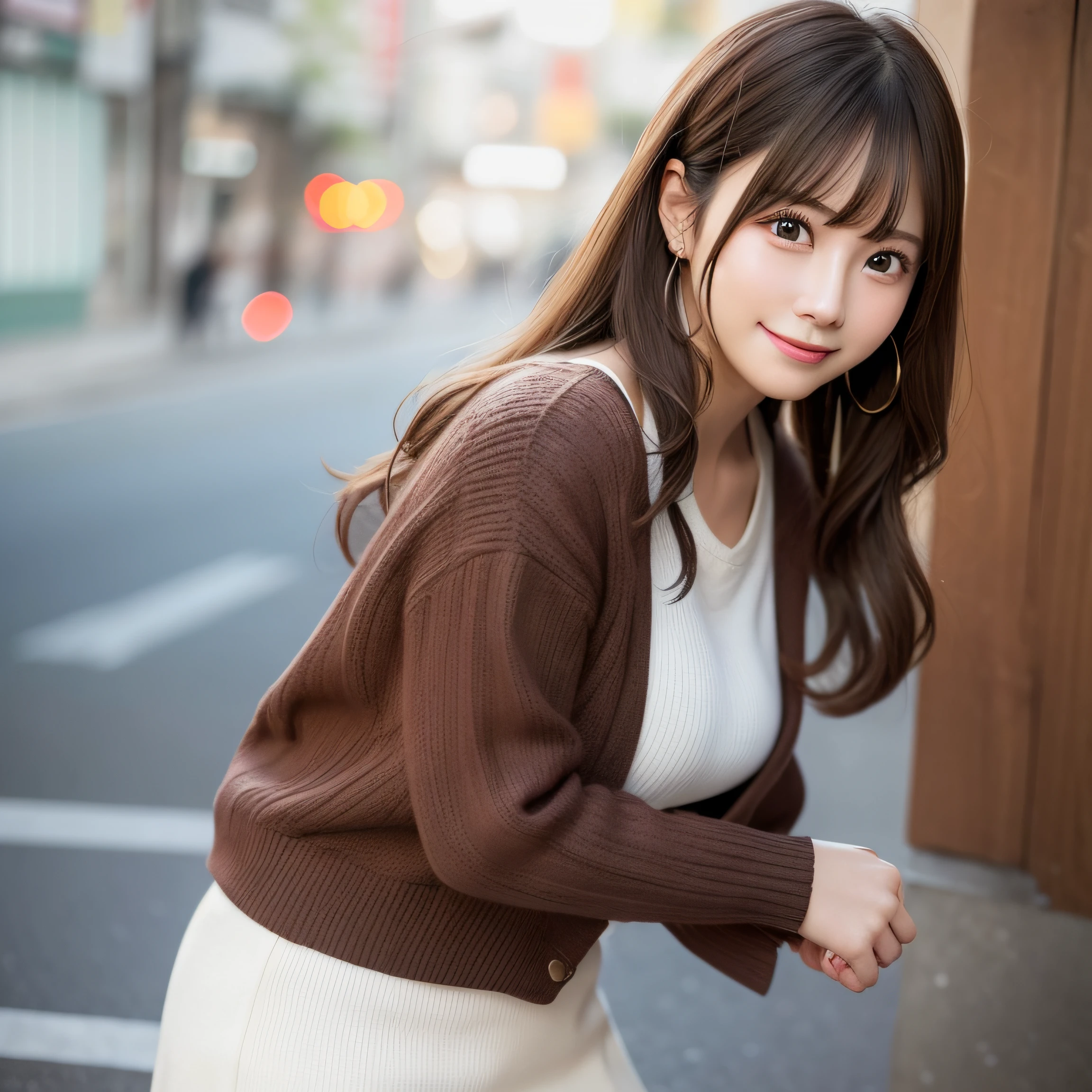 8K、Best Quality, 超A high resolution:1.2, (Photorealistic:1.4)、masterpiece:1.3、Raw photo、 (FULL BODYSHOT:1.6、side from:0.7)、middlebreast、realistic eyes and face details:1.3、dual、(the perfect body : 1.1)、(short wavy hair : 1.2)、crowdedstreets、Fashionable clothes、Cute clothes、Check skirt、thighs thighs thighs thighs、1日本人の女の子、 Cute、natural skin textures:1.2、 (Shy smile)、 Smooth skin:1.2, (Brown medium hair,Bangs)、nogizaka、Beautiful black eyes:1.3、Hands behind your hips、The camera is from a little lower、 (Background is blurry:1.4)、Gravure Pose,I don't show my fingers