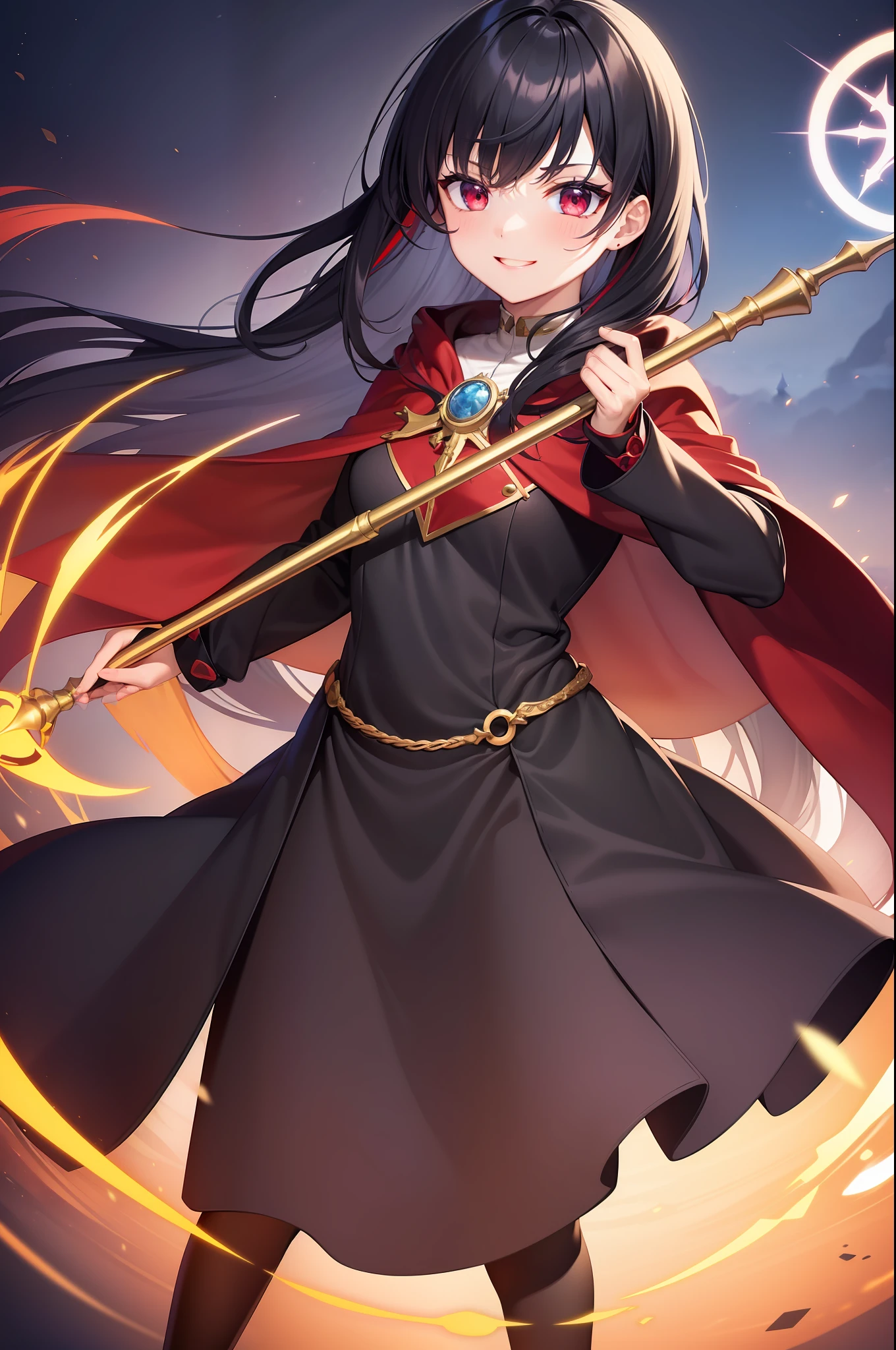 masterpiece, highres, best quality, wizard cape, 1girl, solo, split colored(red)(black) hair, smile, alchemy lab backround, multicolored eyes, high quality artstyle, ultra detailed, holding a magic staff in her hands, quality shadows, 8K,
