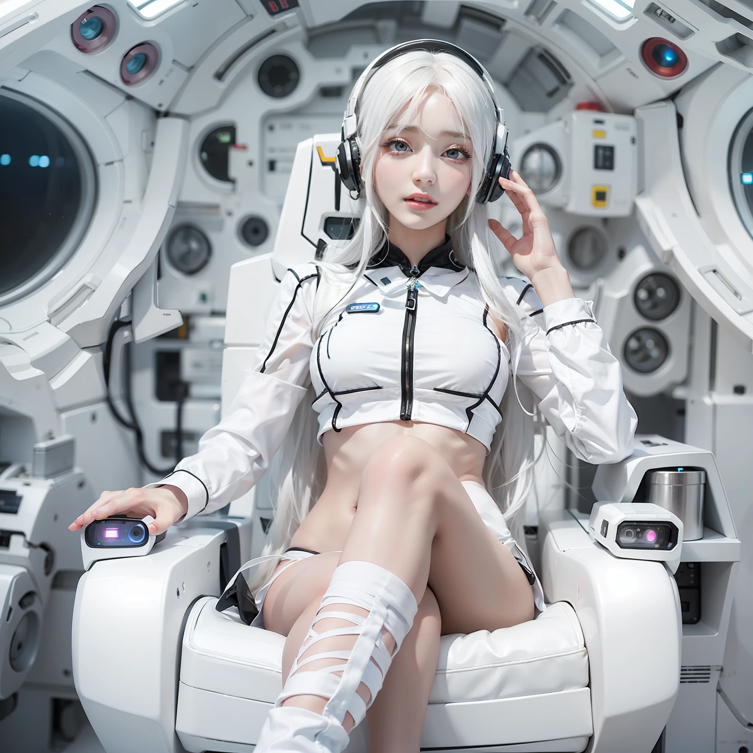 Enchanted woman happy to raise her hand Perfect beauty Beautiful white skin Beautiful eyes Lustrous lips Lovely smile White hair sitting on Bikini futuristic Lolita outfit designed in white and black Functional head phone Inside the spacecraft