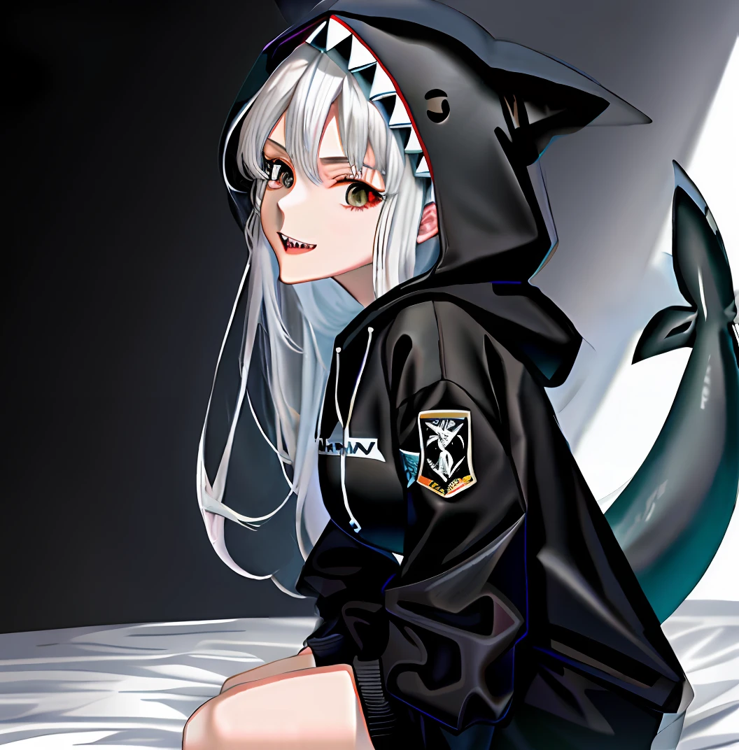 2D, Masterpiece, Best quality, anime big breast, Highly detailed face, highly details eye, highly detailed back ground, Perfect lighting, , Kizi, Shark Girl, Black hoodie, Hood up, Animal hood, Black shark tail, Shark print, Sharp teeth, Bust E,sitting on his knees on the bed,Holding a black cartoon shark doll,Silver-white hair,Bare chest