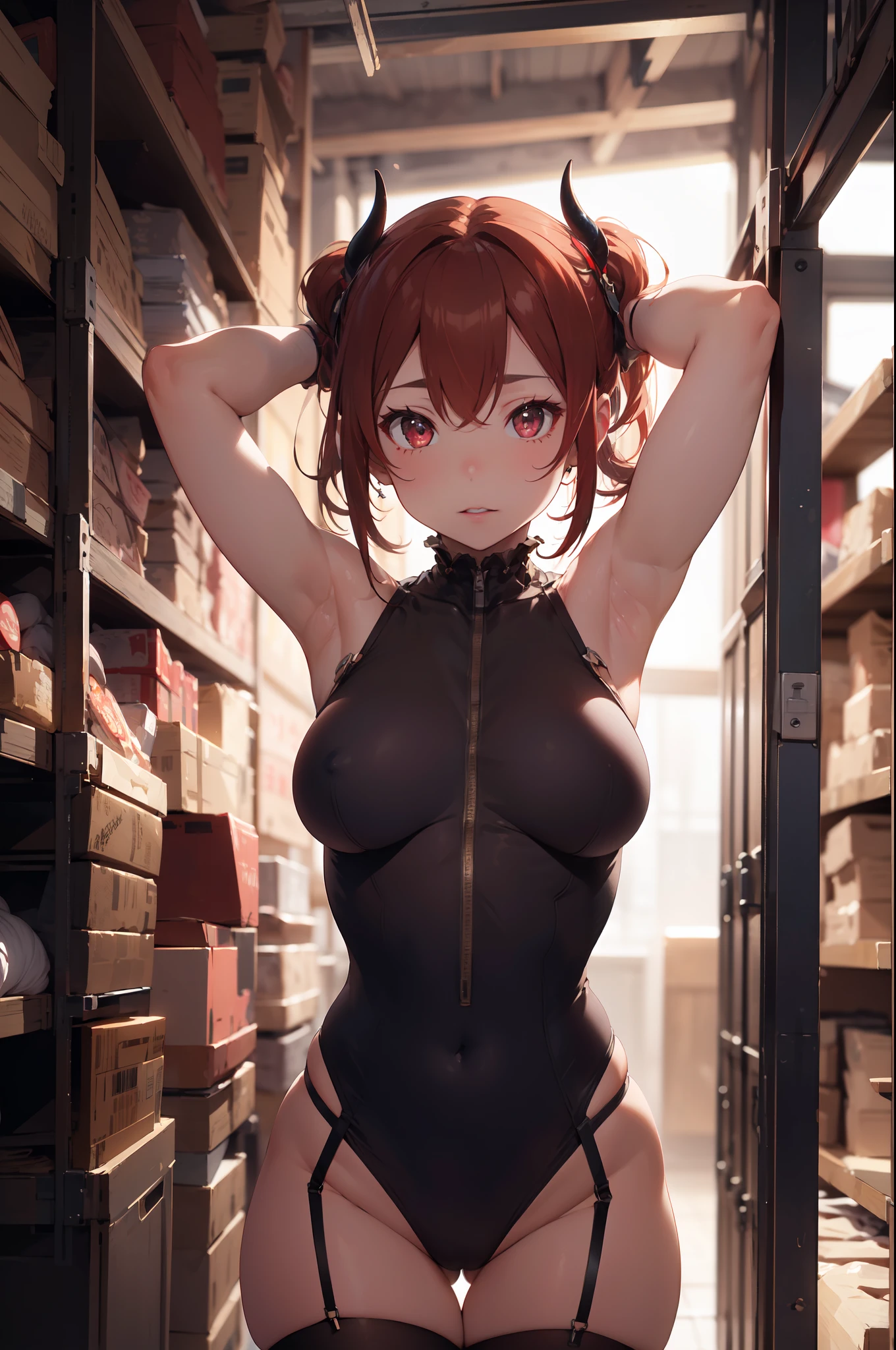 girl, wide hips, sexy, beautiful, redhead, gorgeous, voluptuous, (thigh high socks), beautiful face, curvy, (((arms up))), (((hands on her head))), (disheveled) hairs, (lot of hair), (demon horns), demon girl, [bodysuit | black red dress:0.9], net, fishnet, straps, jewelry, ornements, perfect skin, cyberpunk, stunning,  elegant, particules, best piece, masterpiece, smooth light, detailed, intricate, 50mm, realistic, digital art, photography, digital art, 4k, art, wlop, artgerm, sophie anderson,