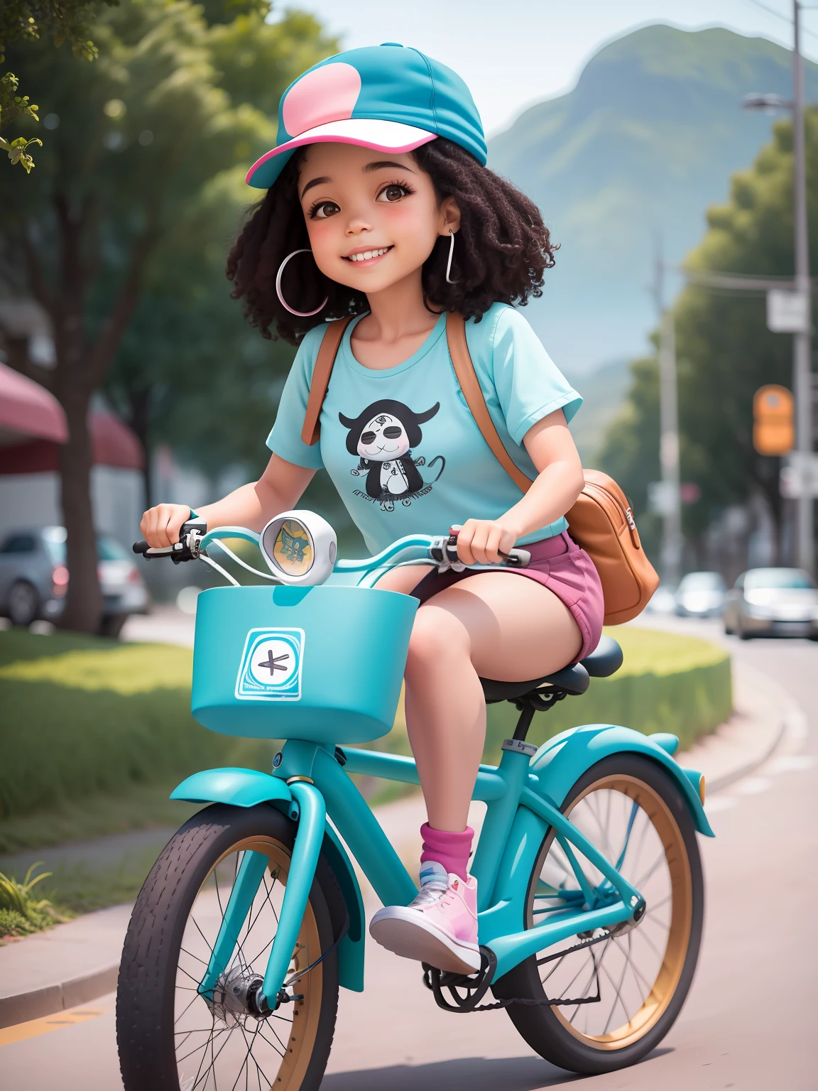 cute morena andando de bicicleta, touca e moletom, sorriso claro, corpo inteiro, :3, cabelo moreno longo e curto, preso, Modern accessories, fundo tom pastel , colorido e simples.