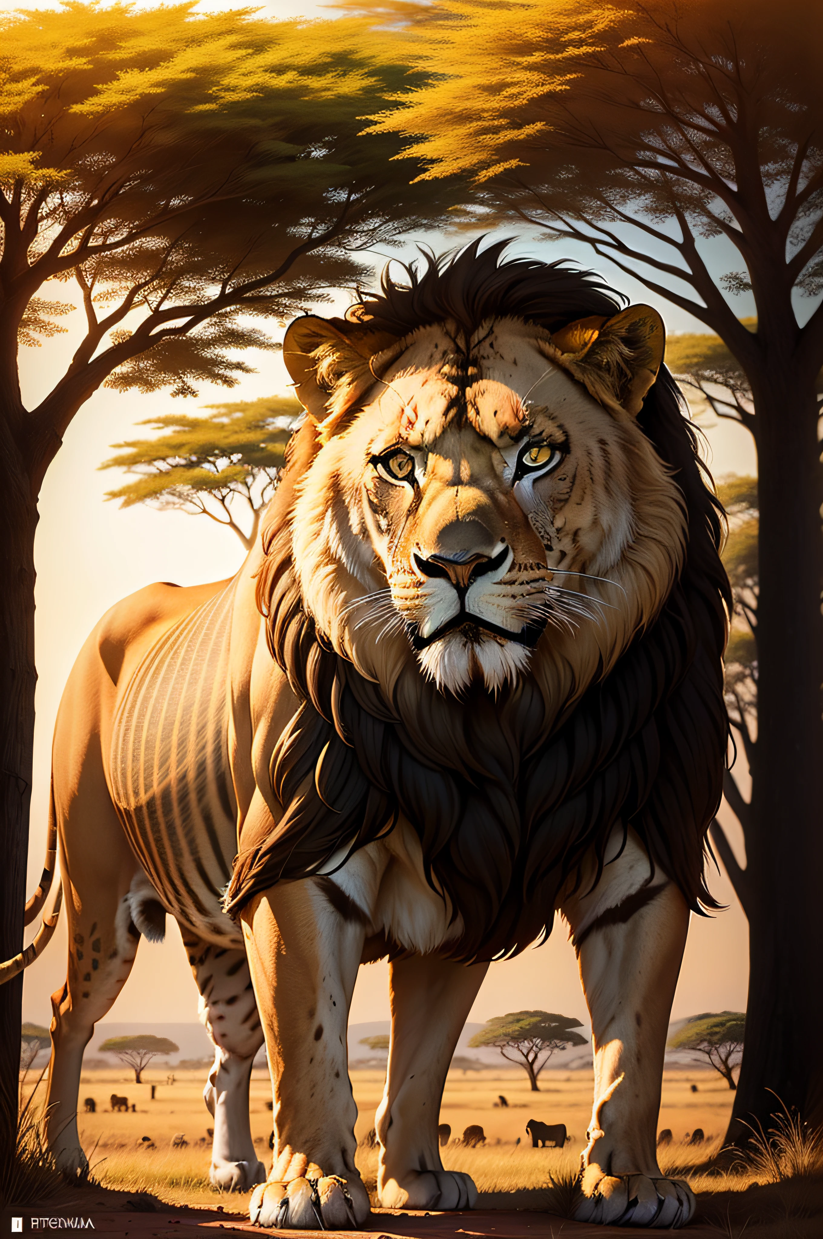 Safari Scene in Serengeti National Park, Tanzania:
Generate an image of a safari scene with a majestic lion resting under an acacia tree against the backdrop of the vast Serengeti plains. Utilize warm tones and dramatic lighting.
