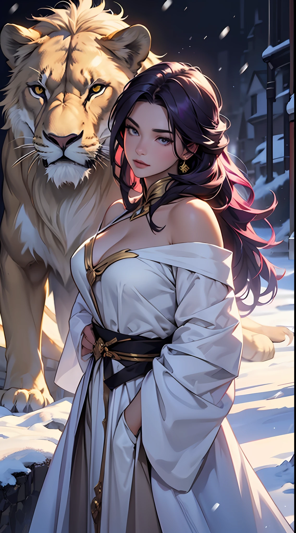 1beatiful girl,gentleness,Long purple hair,Golden crown,Gorgeous white evening dress,(A lion,Snow white,Majestic and solemn),Majesty and tenderness coexist,((Flowers in full bloom)),Quantum entanglement,((Hyper-realistic)),Roulette of background fate,iintricate,offcial art,tmasterpiece,high qulity,super-fine,16K resolution,