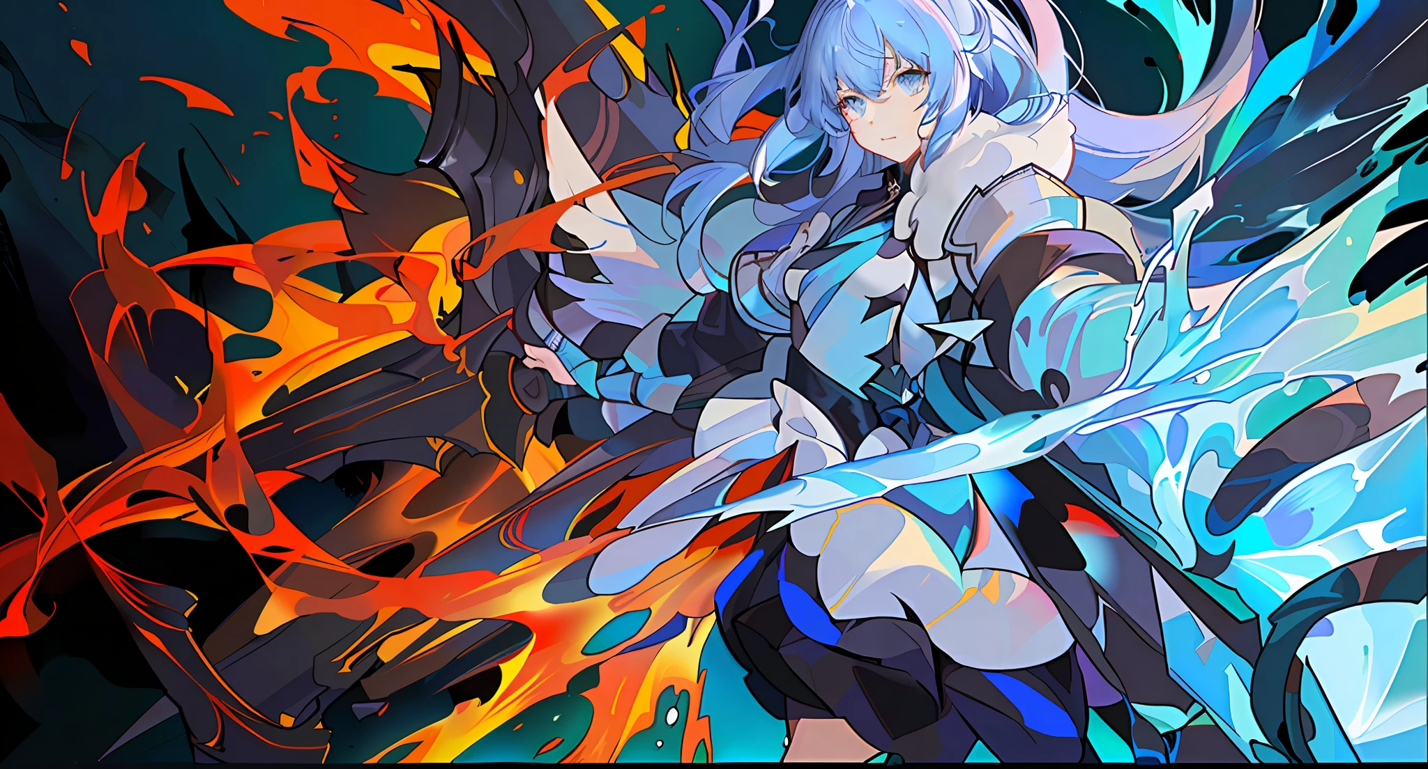 anime characters with different colored hair and blue eyes，In the official artwork, the vermilion and cyan colors of ice and fire are depicted，Hero 2D fanfiction artwork drawn in 4K resolution in anime style，Showcasing anime art style and Doulist style，Ryuko Mai, who borrows from game art，Demon Killer art style with killing pull and kill illustrations，Inspired by fire and ice、jazza and rossdraws。