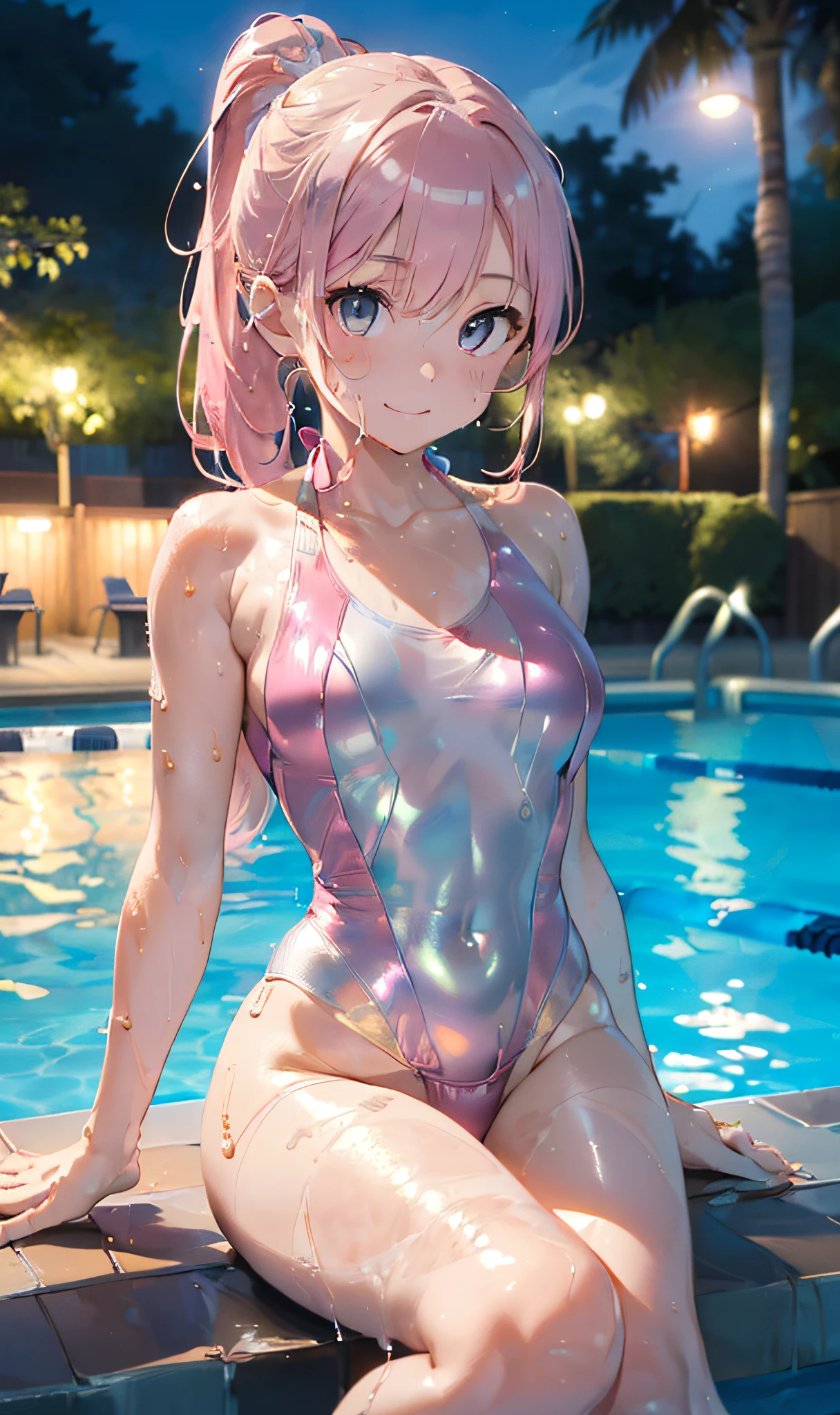 (Master masterpiece:2)、(((extremely fine and beautiful)))、(((The ultra -The high-definition)))、(Ultra-high power of 8 kilometers:2)、(Wet woman:1.4)、(Clarity Metallic Pink Swimsuit:2)、(medium large breasts)、(Transparent skin:1.6)、(Long ponytail hair:1.8)、(Beautiful eyes:1.8)、、(Nominal body type)、(Glamorous:1.4)、(musculature:1.4)、(Thin thighs:1.6)、(Thin leg:1.6)、(A smile)、perfectly proportions,Correct anatomy、Good anatomy、(Correctly drawn limbs:1.6)、(Pose to sit by the pool at night:1.4)、Dynamic Angle、 (luminism),